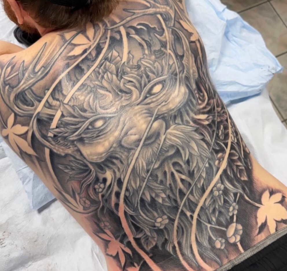 Lion realism tattoo on the back by Corey Thompson, Butler, Pennsylvania