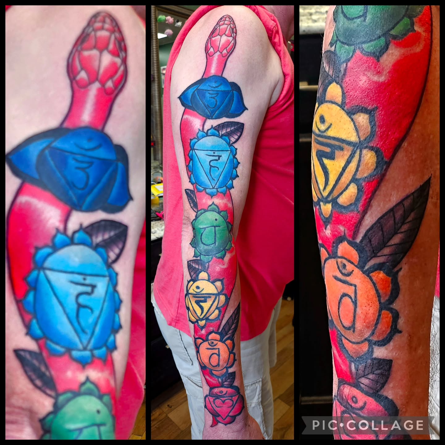 Chakras and lotus flowers American traditional tattoo on the forearm by Edward Argibay