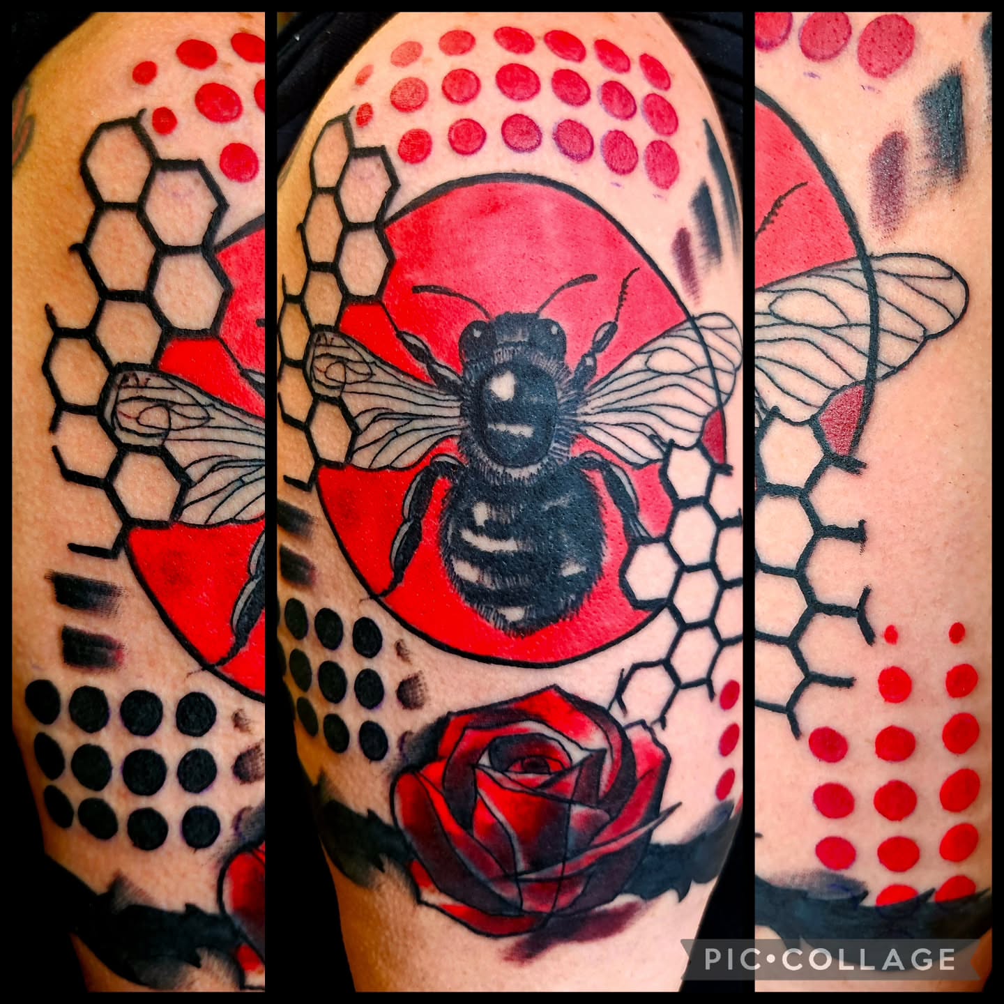 Bee and honeycomb American traditional tattoo on the forearm by Edward Argibay