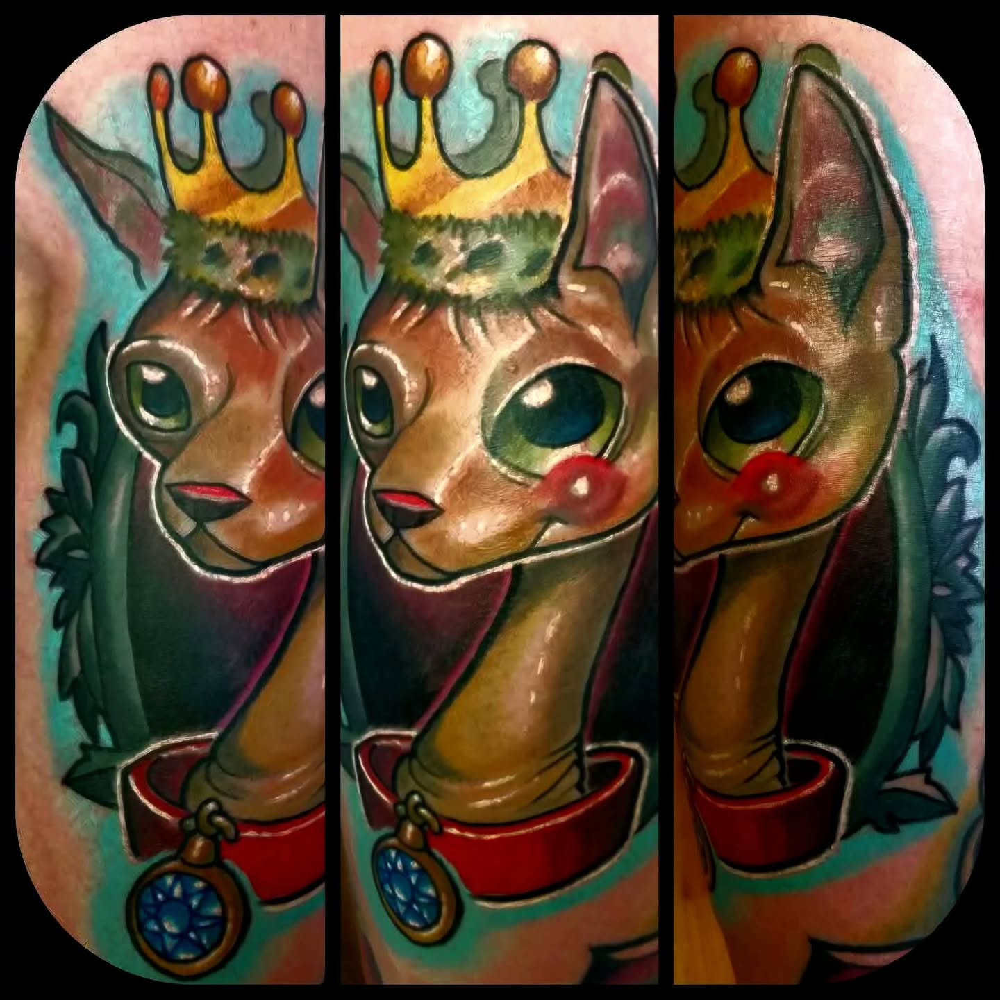 Cat wearing crown American traditional tattoo on the forearm by Edward Argibay