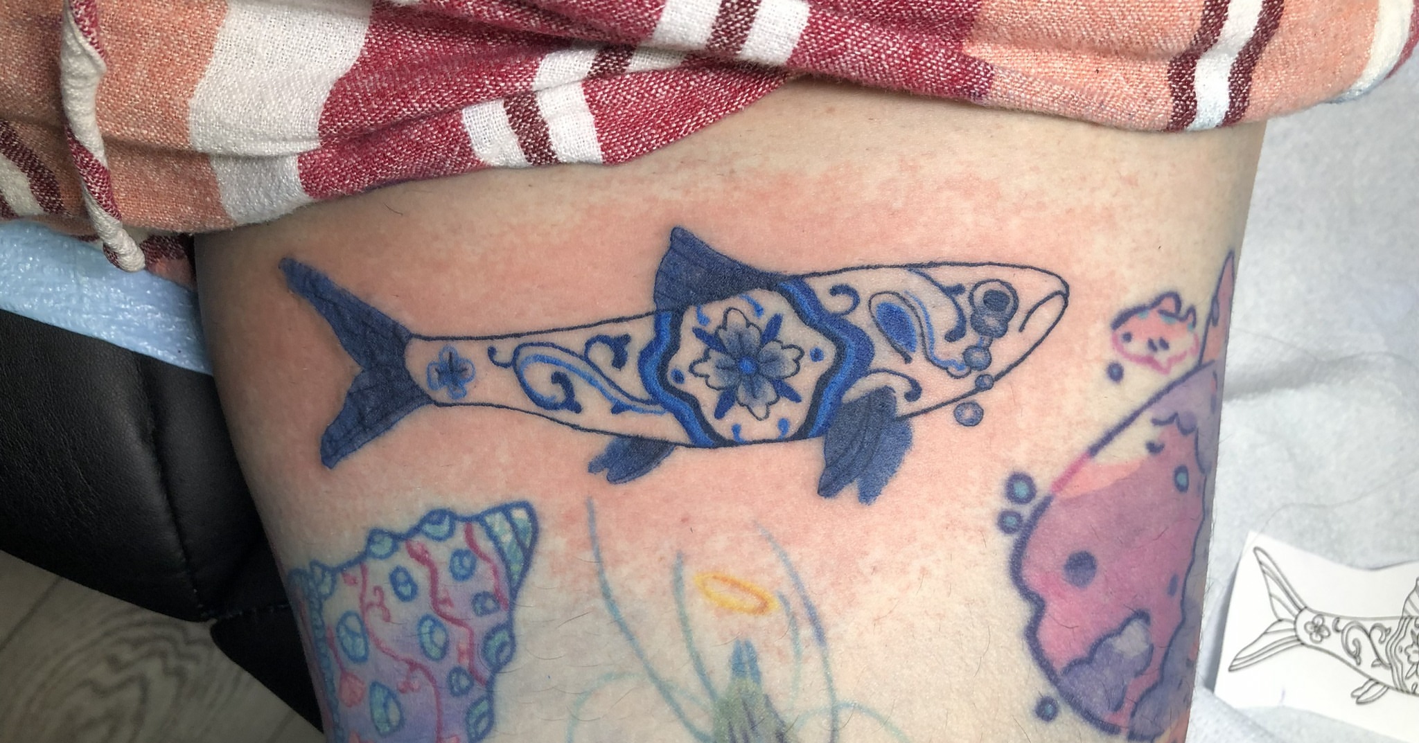 Fish new school tattoo on the thigh by Rowan Lee