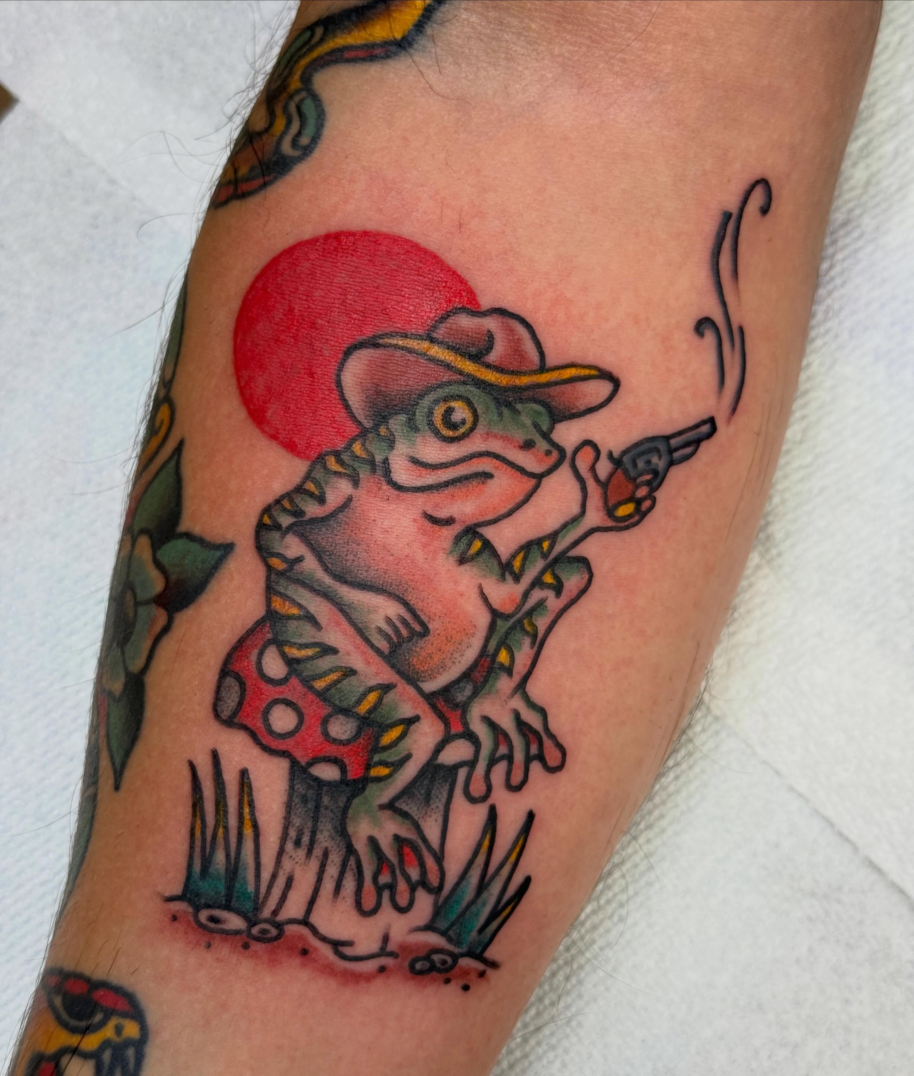 Gecko cowboy American traditional tattoo on the forearm by Jesse Boss, Nashville, Tennessee