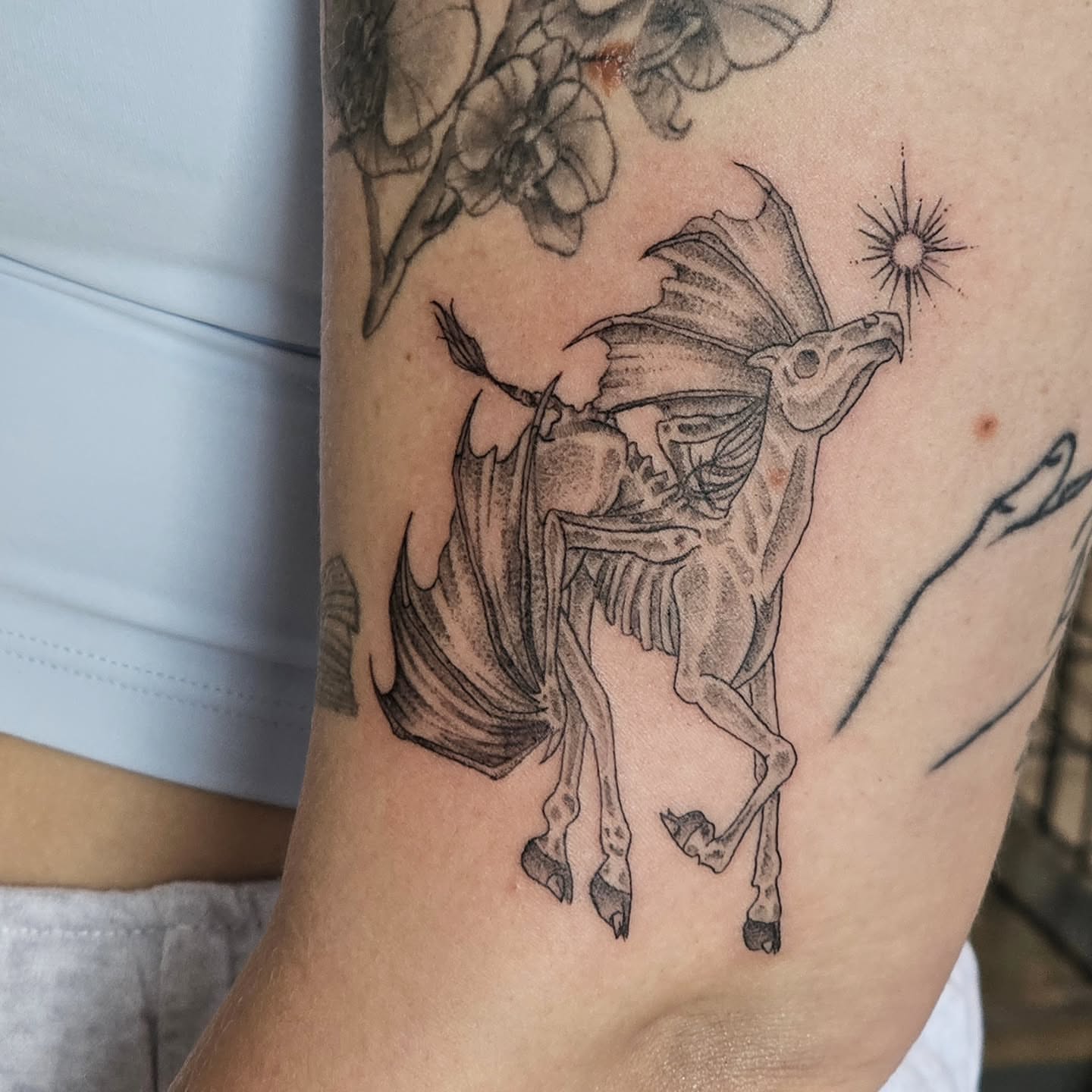 Horse with wings black and grey tattoo on the forearm by Casey Jo