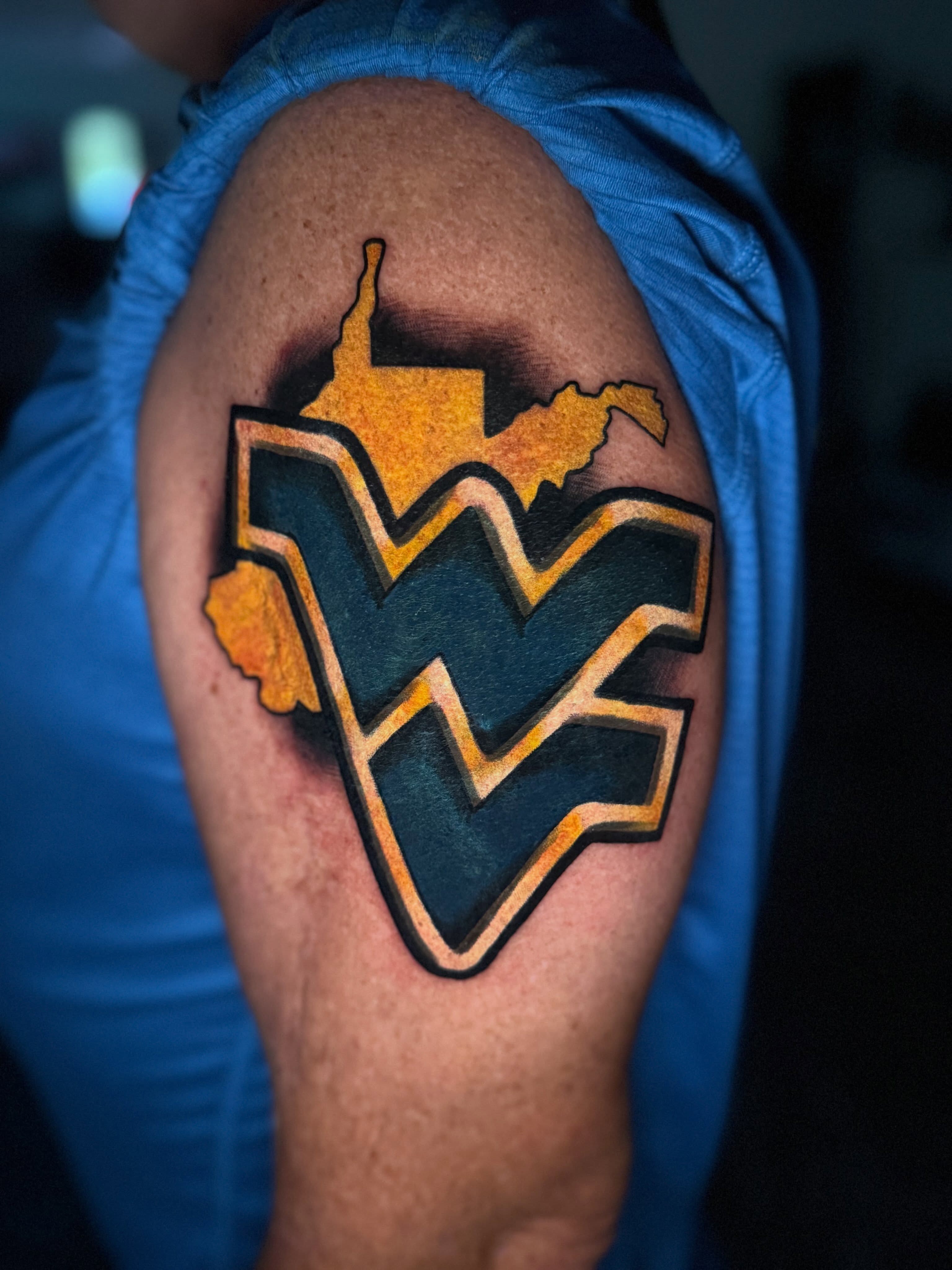 Mountain and wave American traditional tattoo on the thigh by Romans