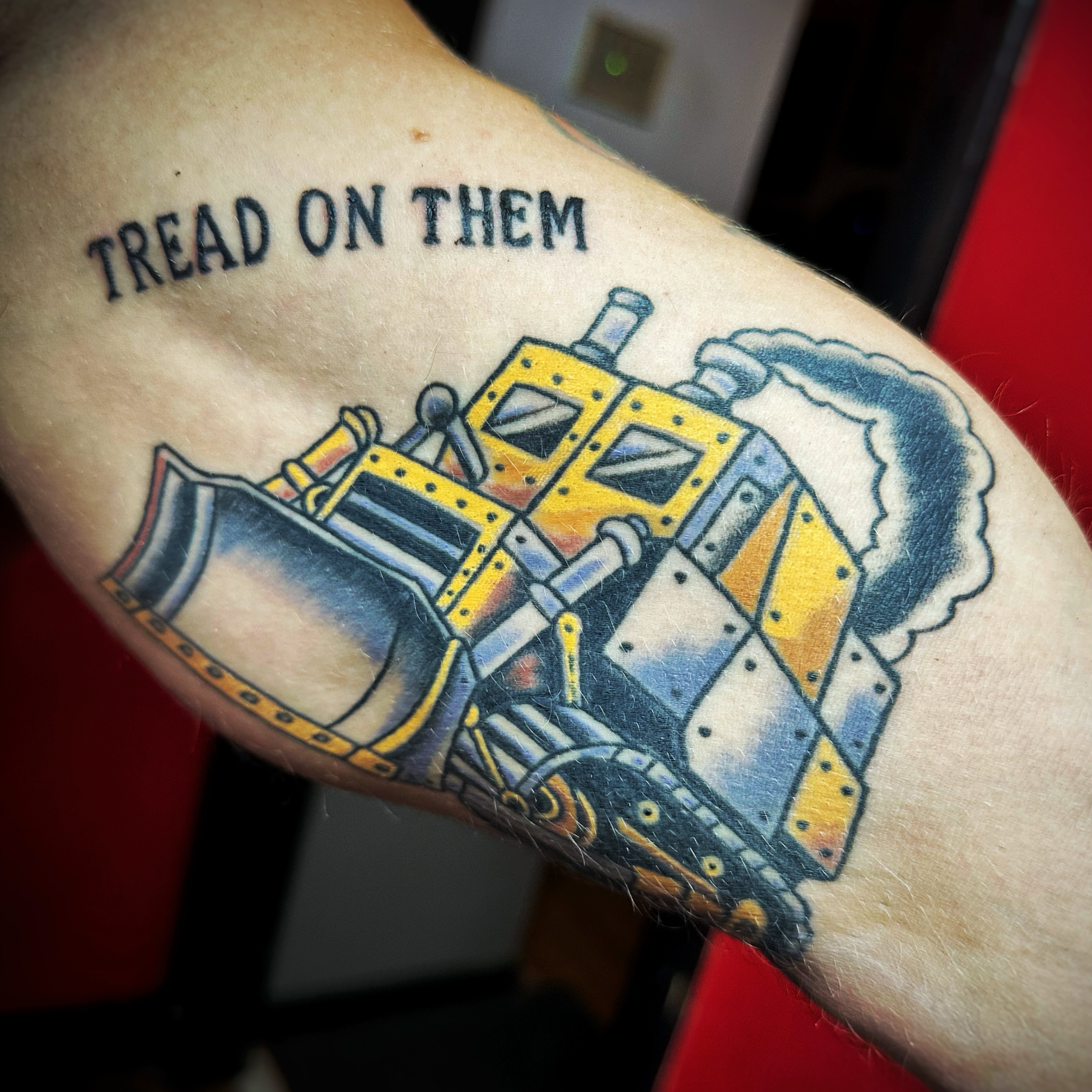 Steam locomotive American traditional tattoo on the forearm by Anthony Guido