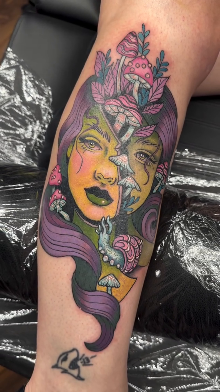 Woman with mushrooms and crystals neo-traditional tattoo by Lindsey Bendsey