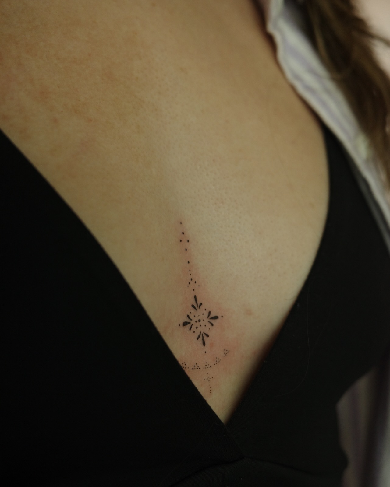 Constellation dotwork tattoo on the chest by It’s ya girl, KB