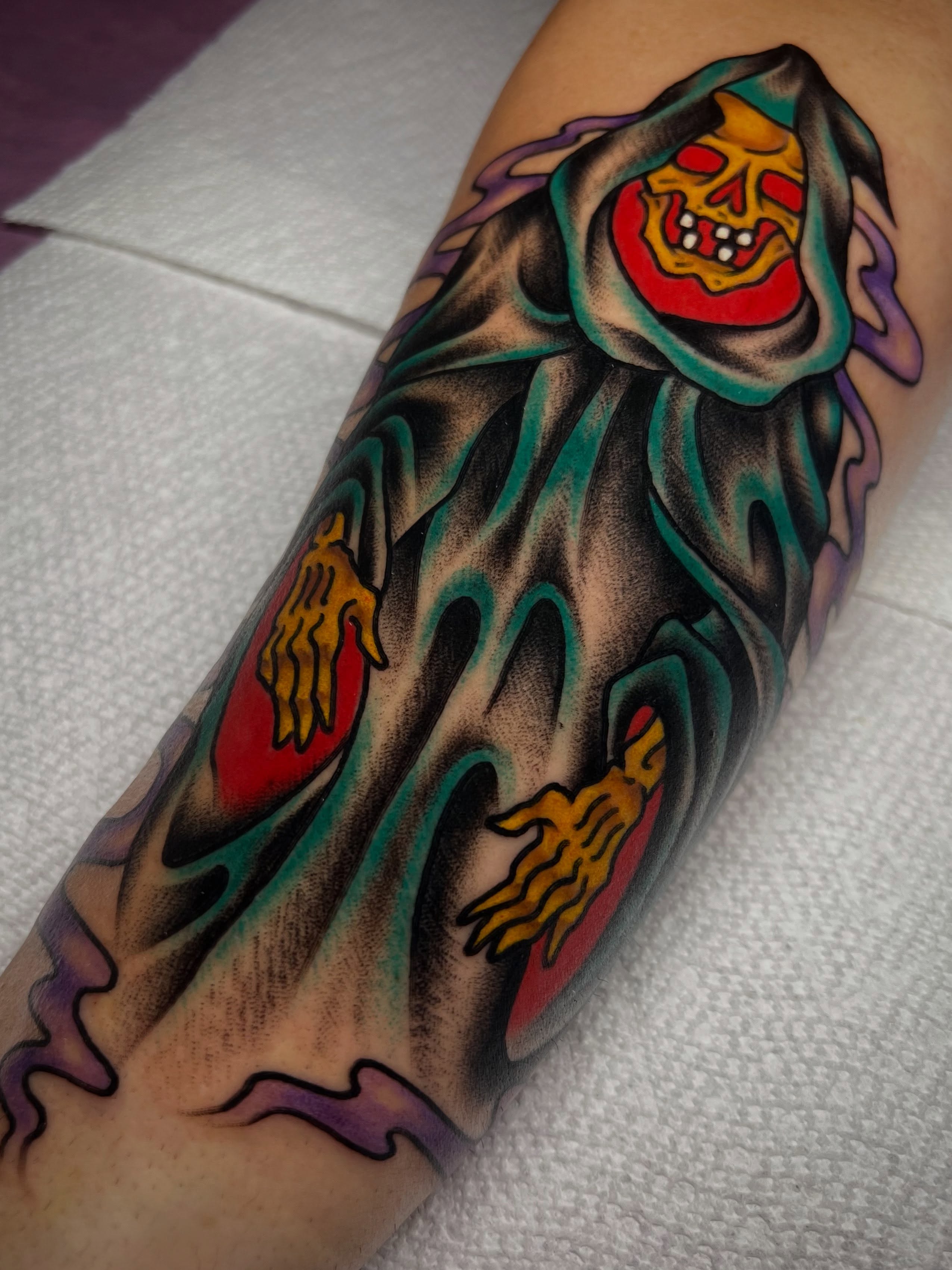 Ghostly figure American traditional tattoo on the forearm by ᴍᴀᴛᴛ ᴀʟᴇxᴀɴᴅᴇʀ