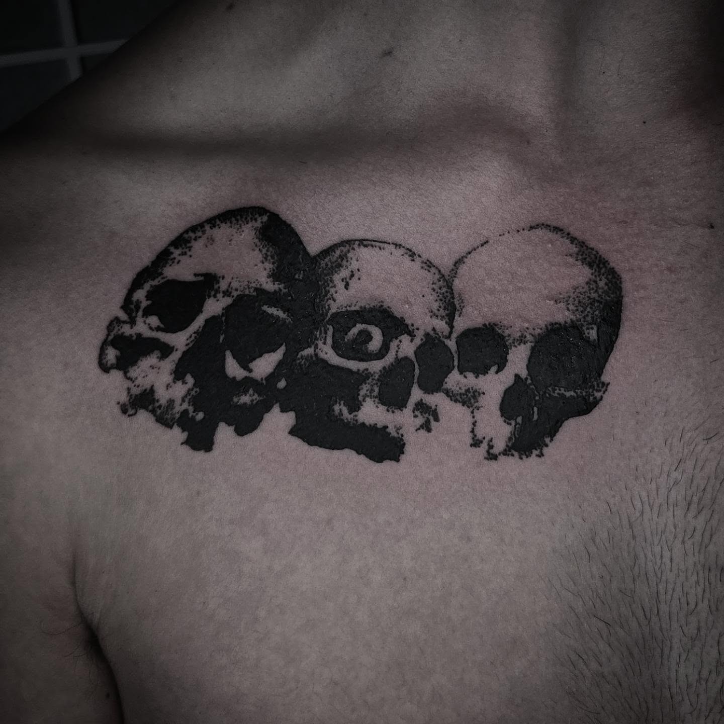 Skulls dotwork tattoo on the chest by ⚙️ 𝔄𝔞𝔯𝔬𝔫 𝔇. ⚙️