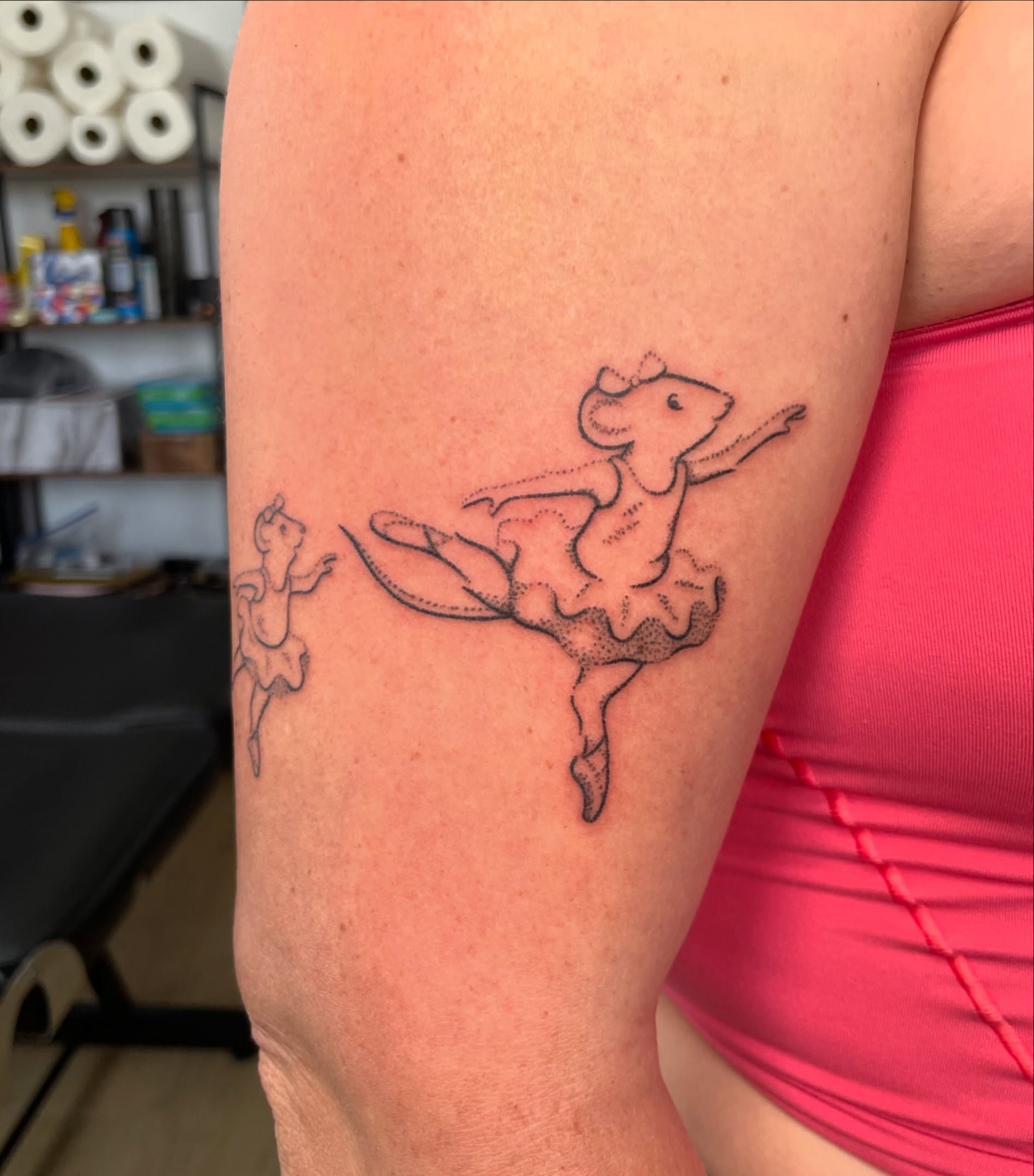 Ballerina dotwork tattoo on the forearm by Quin