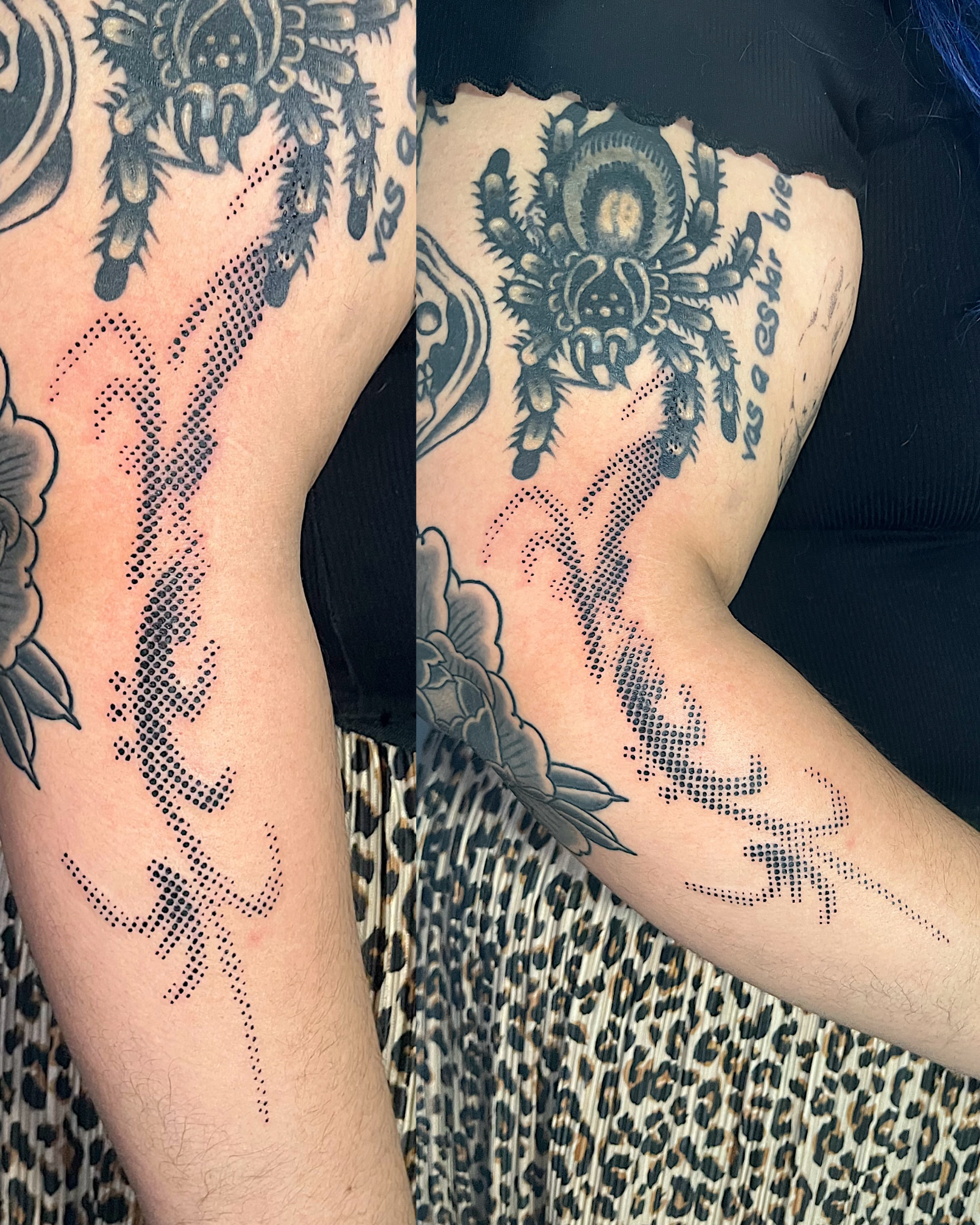 Spider dotwork tattoo on the forearm by Azucena