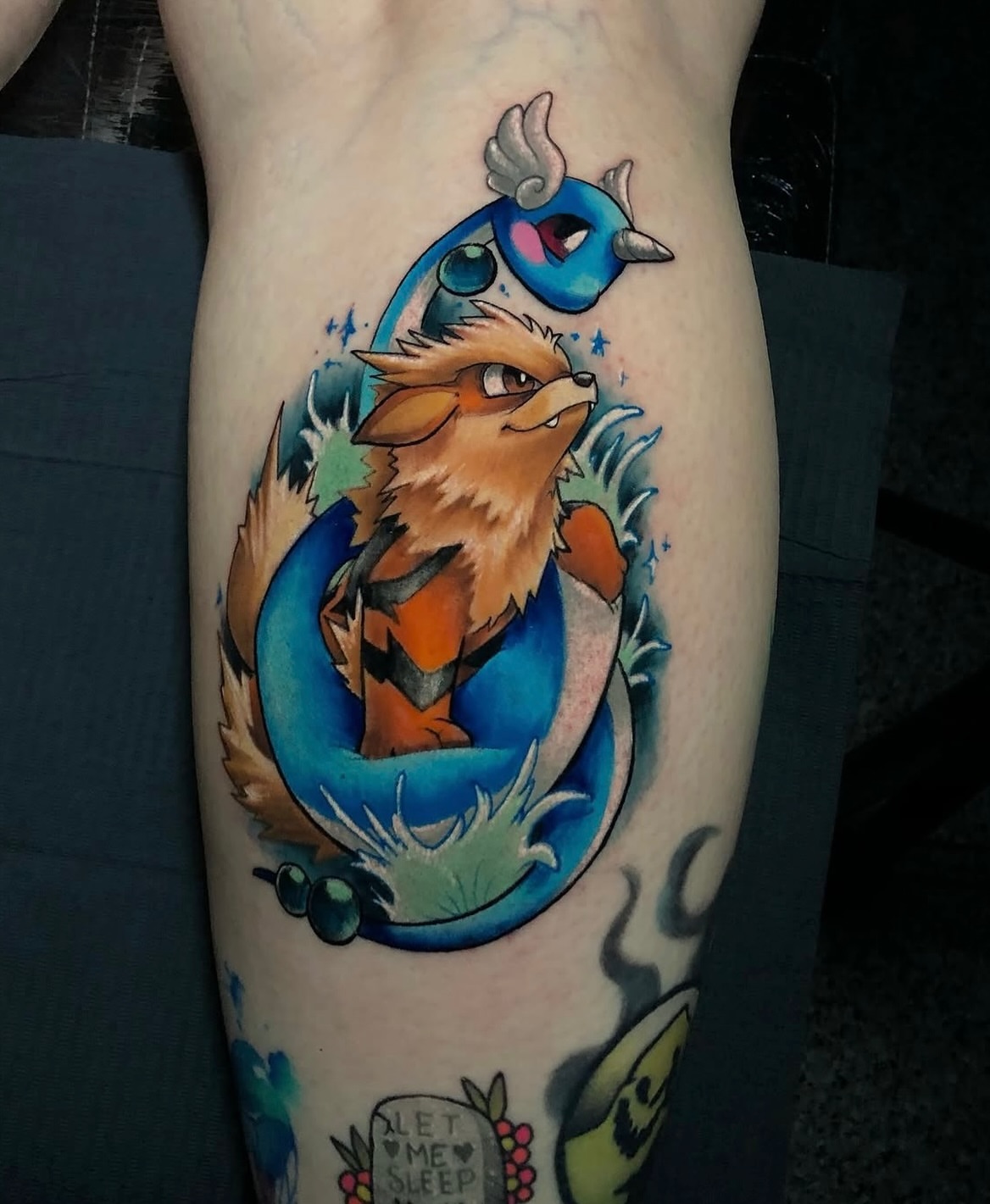 Fox and bird new school tattoo on the thigh by Frank Miller