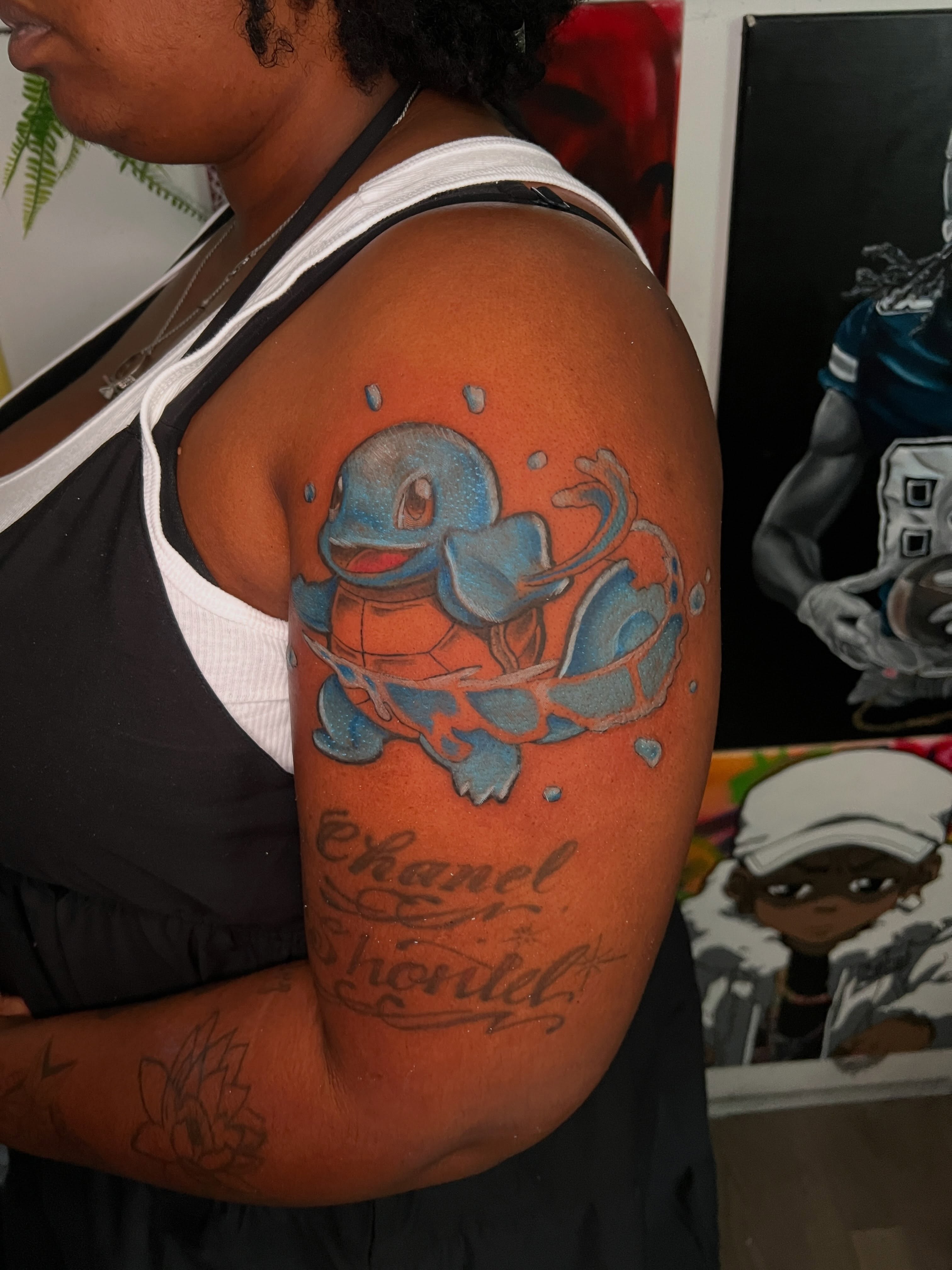 Squirtle dotwork tattoo on the upper arm by Justx4rt
