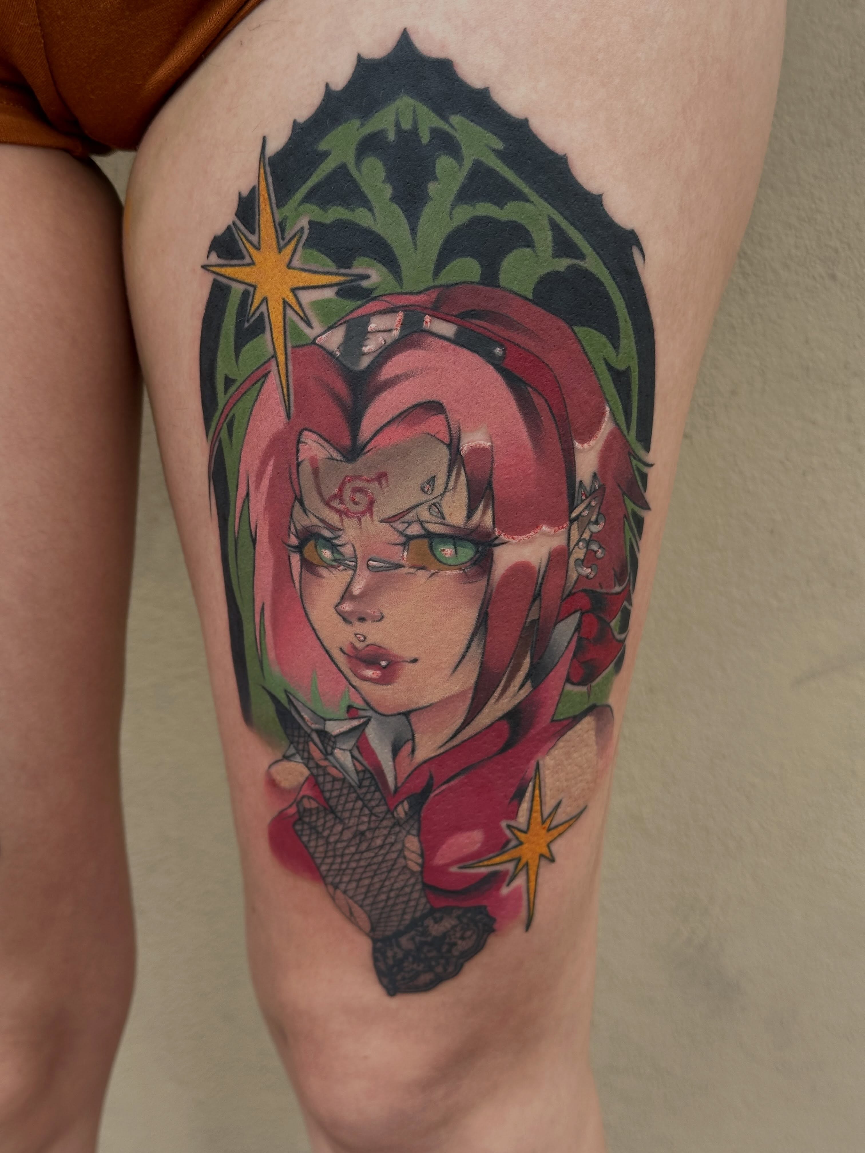 Anime character anime tattoo on the thigh by 𝔅𝔞𝔱𝔅𝔬𝔫𝔢 🦇Mariah Hernandez
