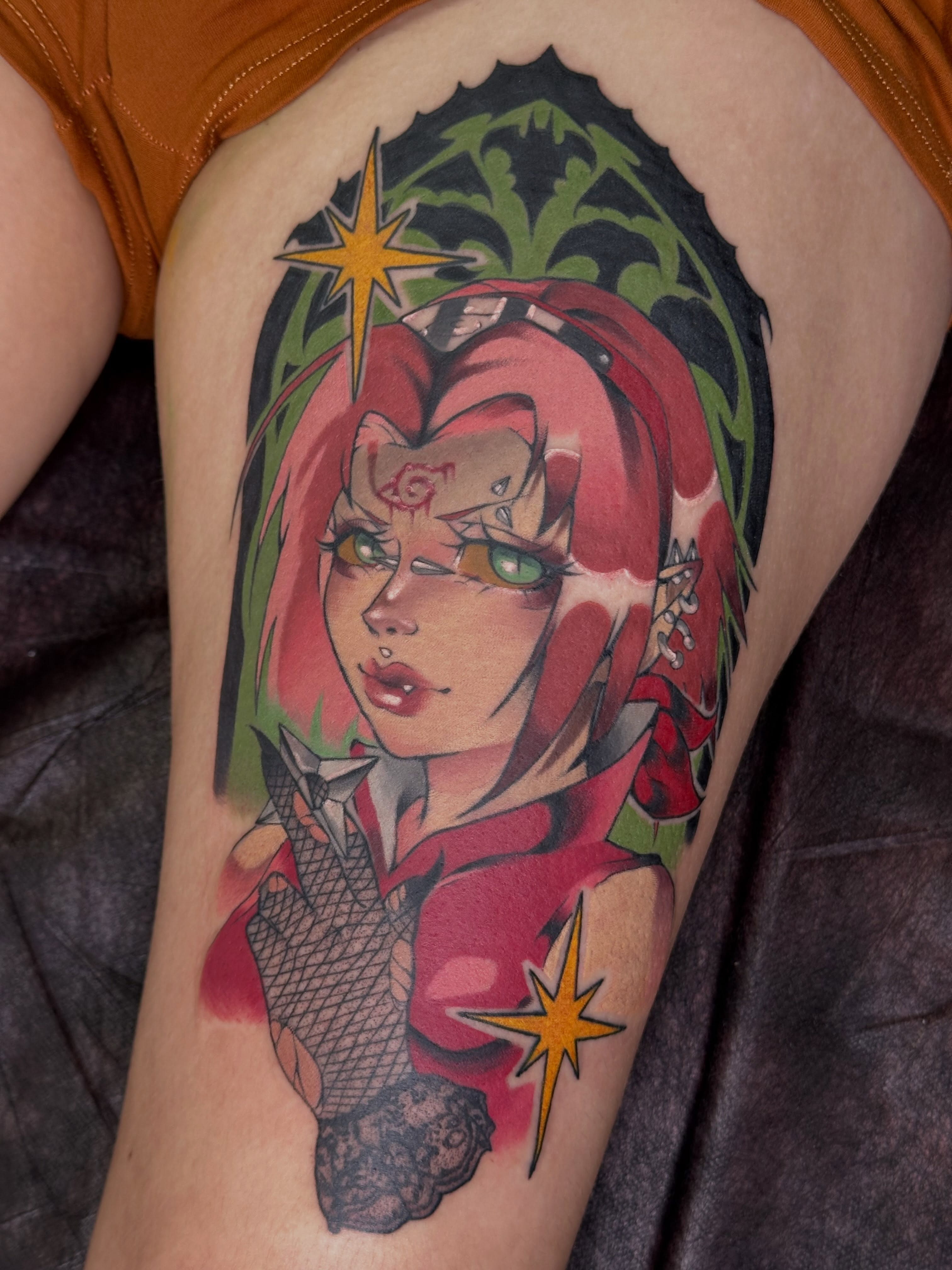 Anime character anime tattoo on the thigh by 𝔅𝔞𝔱𝔅𝔬𝔫𝔢 🦇Mariah Hernandez