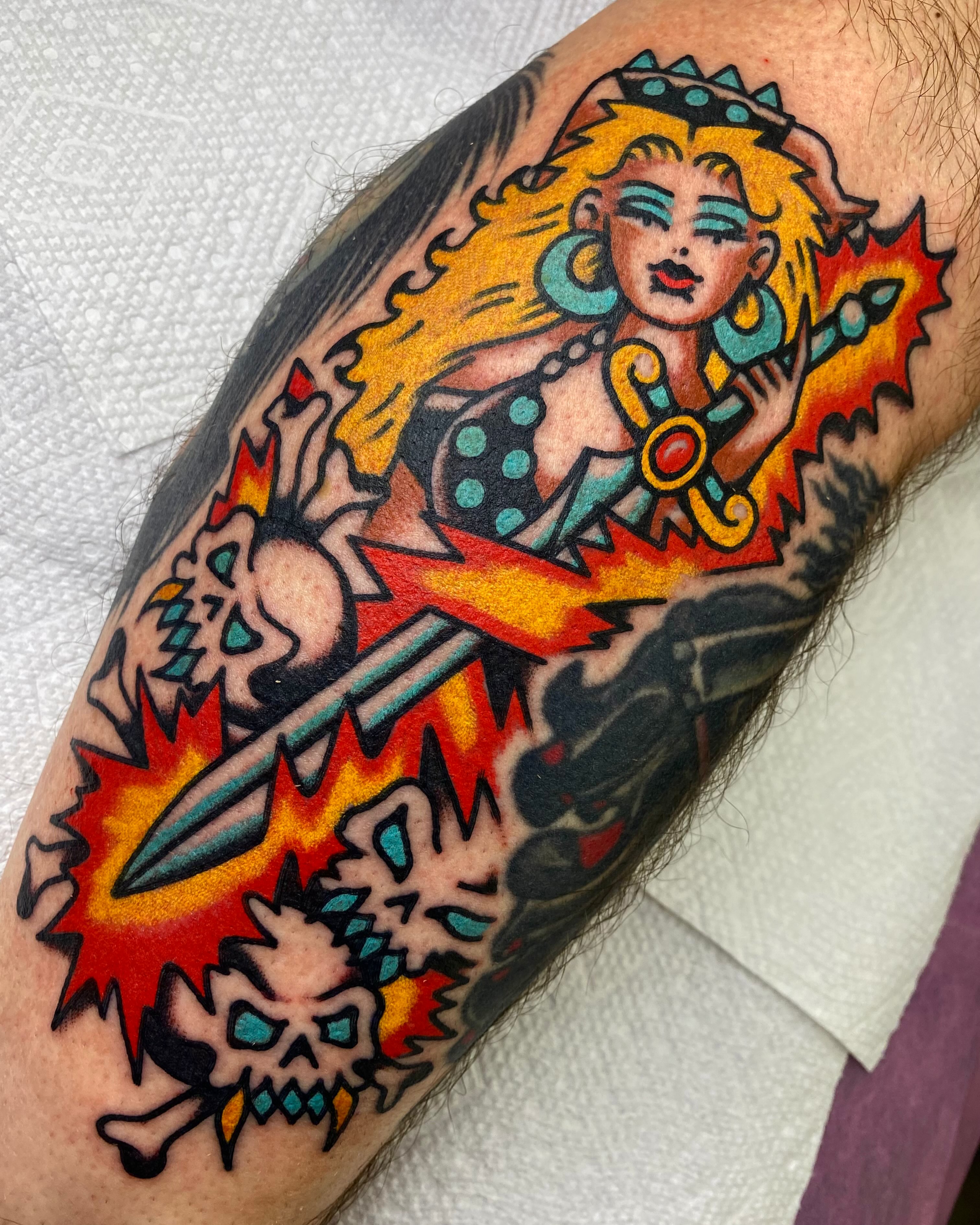 Woman with sword American traditional tattoo on the forearm by ⛓️ L̷i̷n̷n̷e̷a̷⛓️, Las Vegas, Nevada