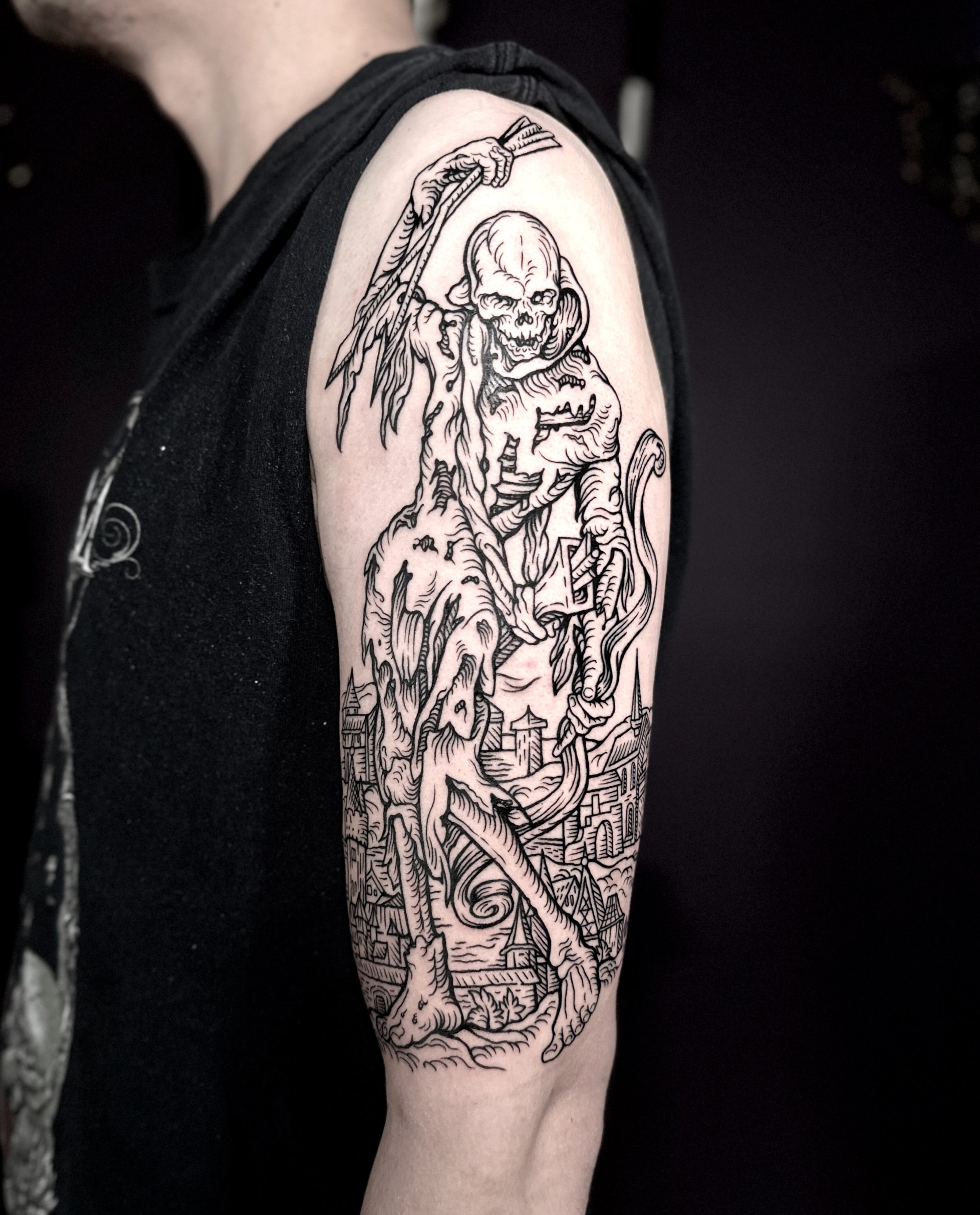 Grim reaper black and grey tattoo on the forearm by 𝕾𝖆𝖘𝖍𝖆 𝖂𝖔𝖑𝖆𝖓𝖉