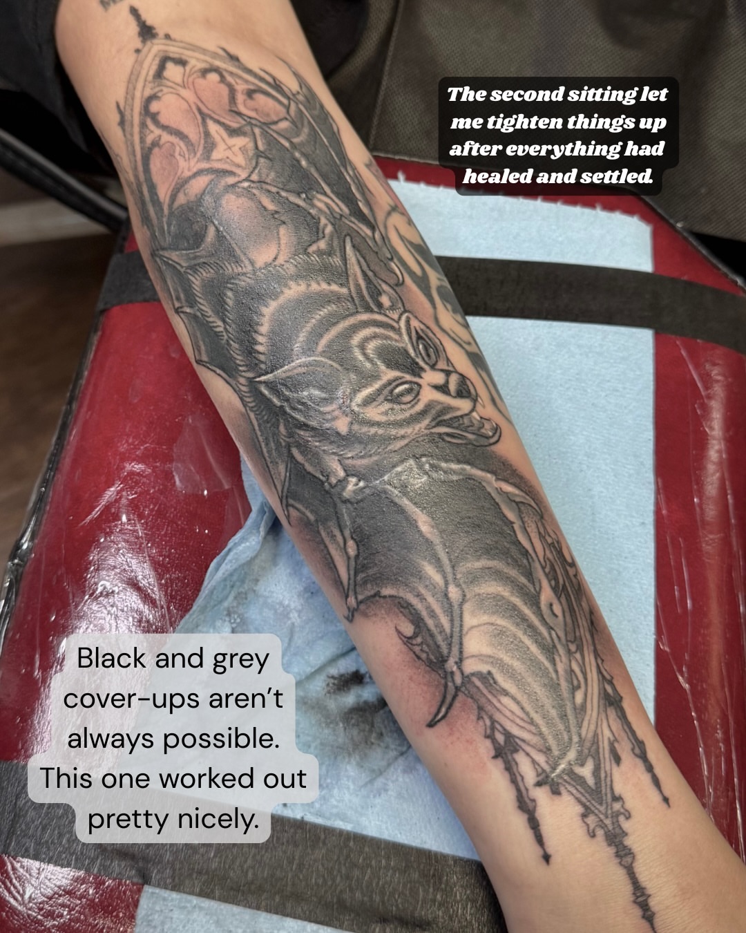 Gothic dragon realism tattoo on the forearm by Chris Cockrill
