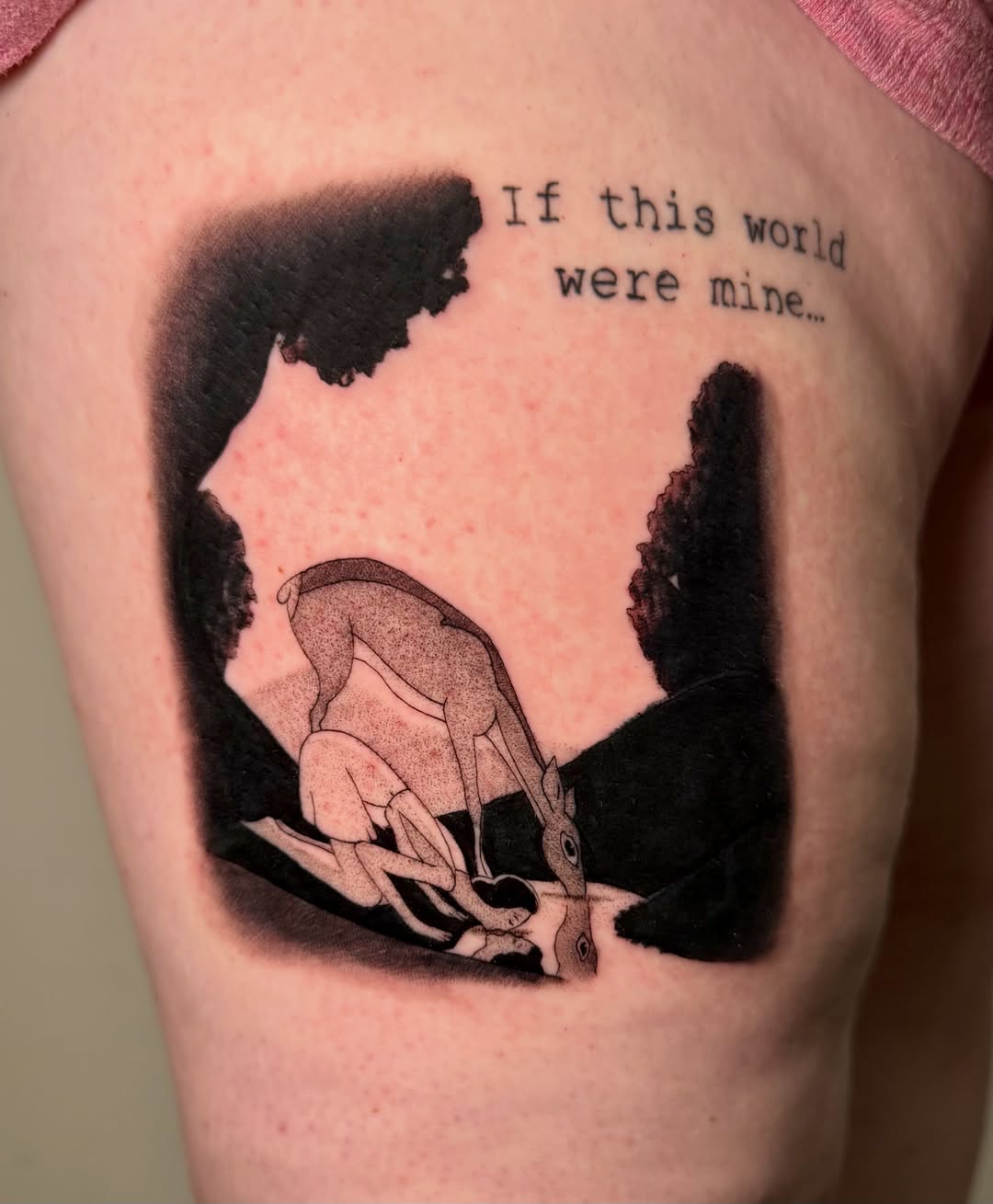 Deer and landscape realism tattoo on the thigh by Tatum
