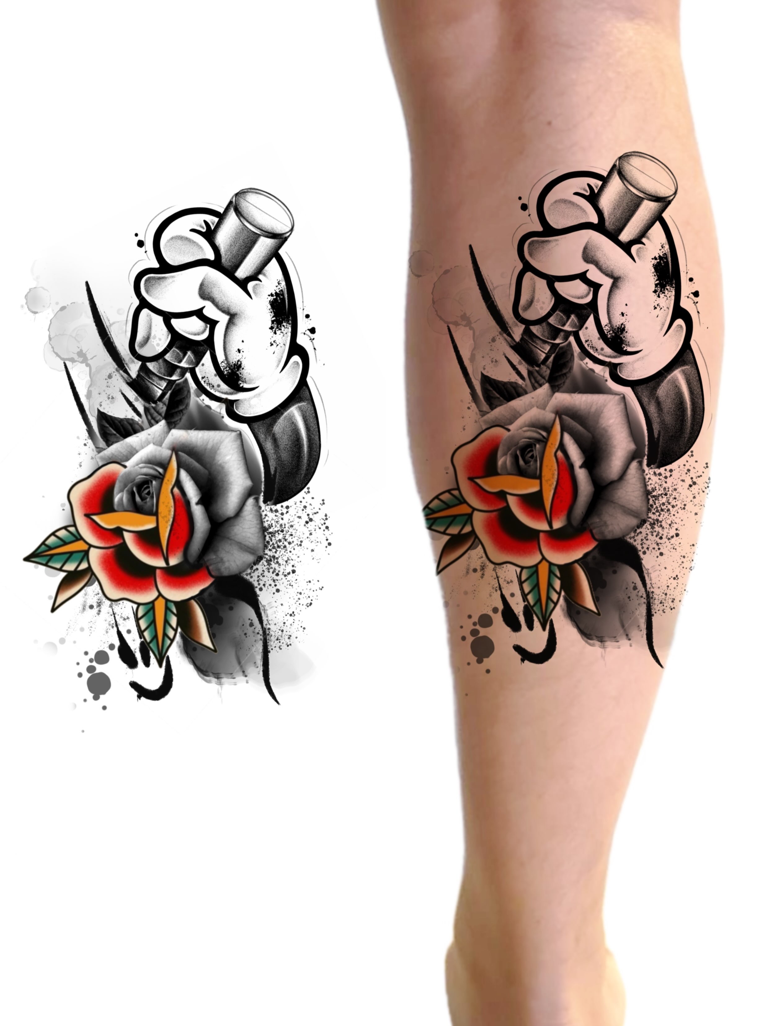 Rose and spray paint can American traditional tattoo on the calf by Kevin Strong