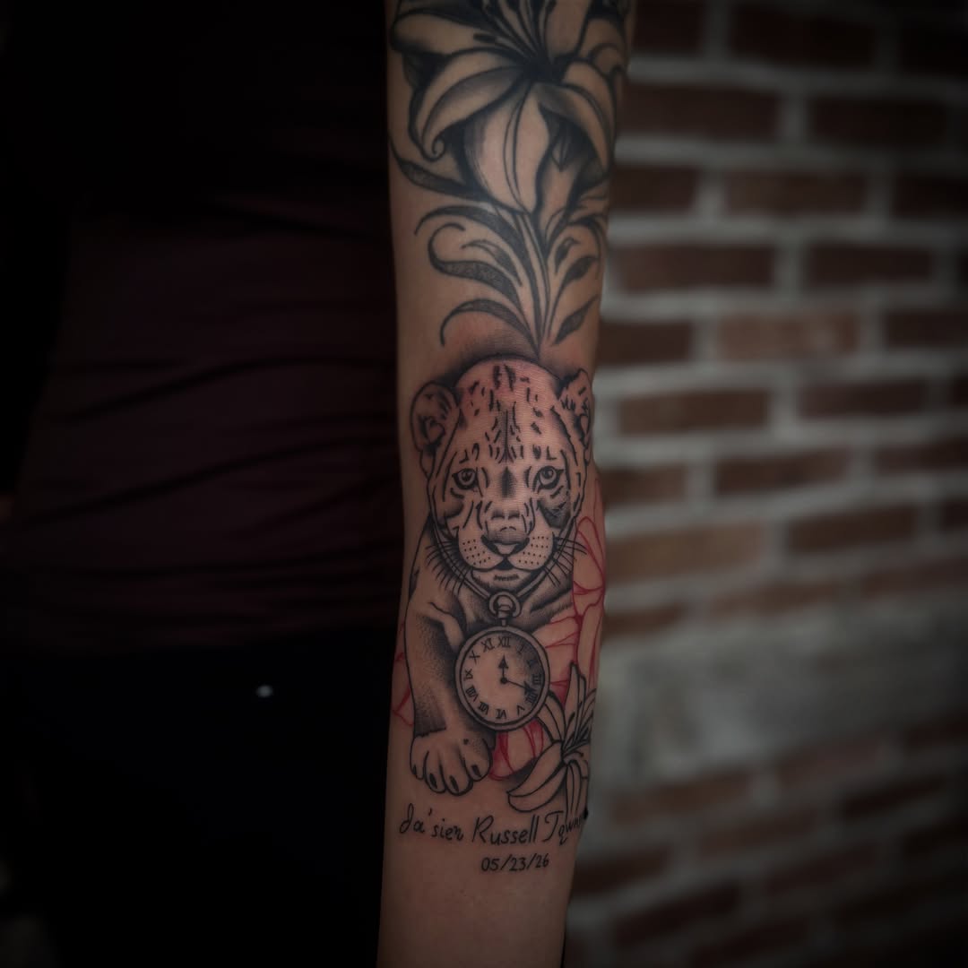 Lion with pocket watch realism tattoo on the forearm by π΅πππππ