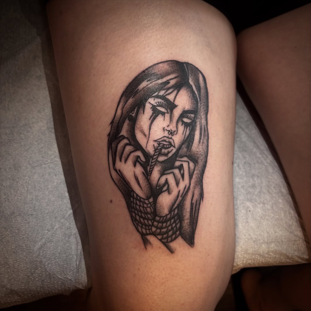 Woman with snake black and grey tattoo on the thigh by π΅πππππ