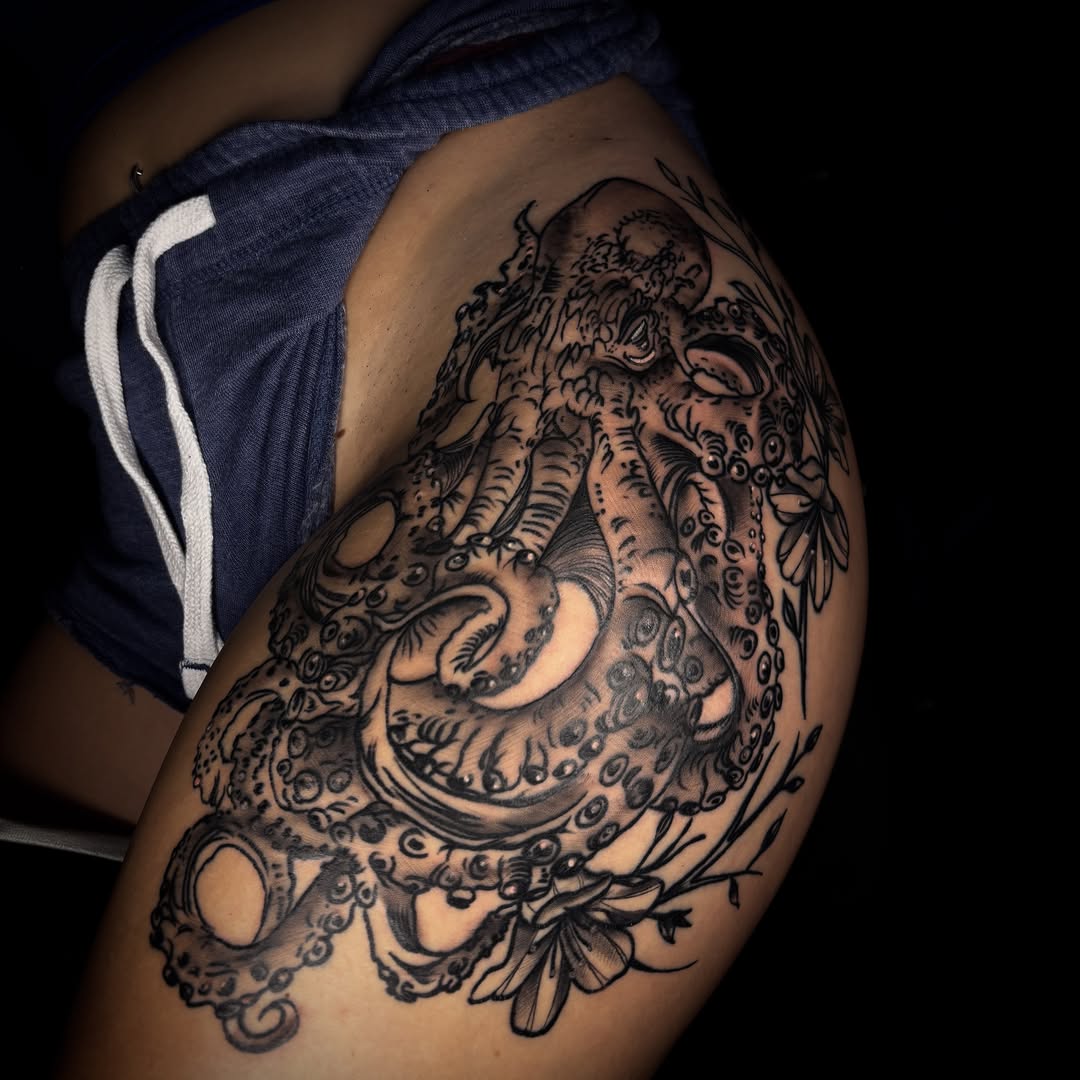 Octopus black and grey tattoo on the shoulder by π΅πππππ