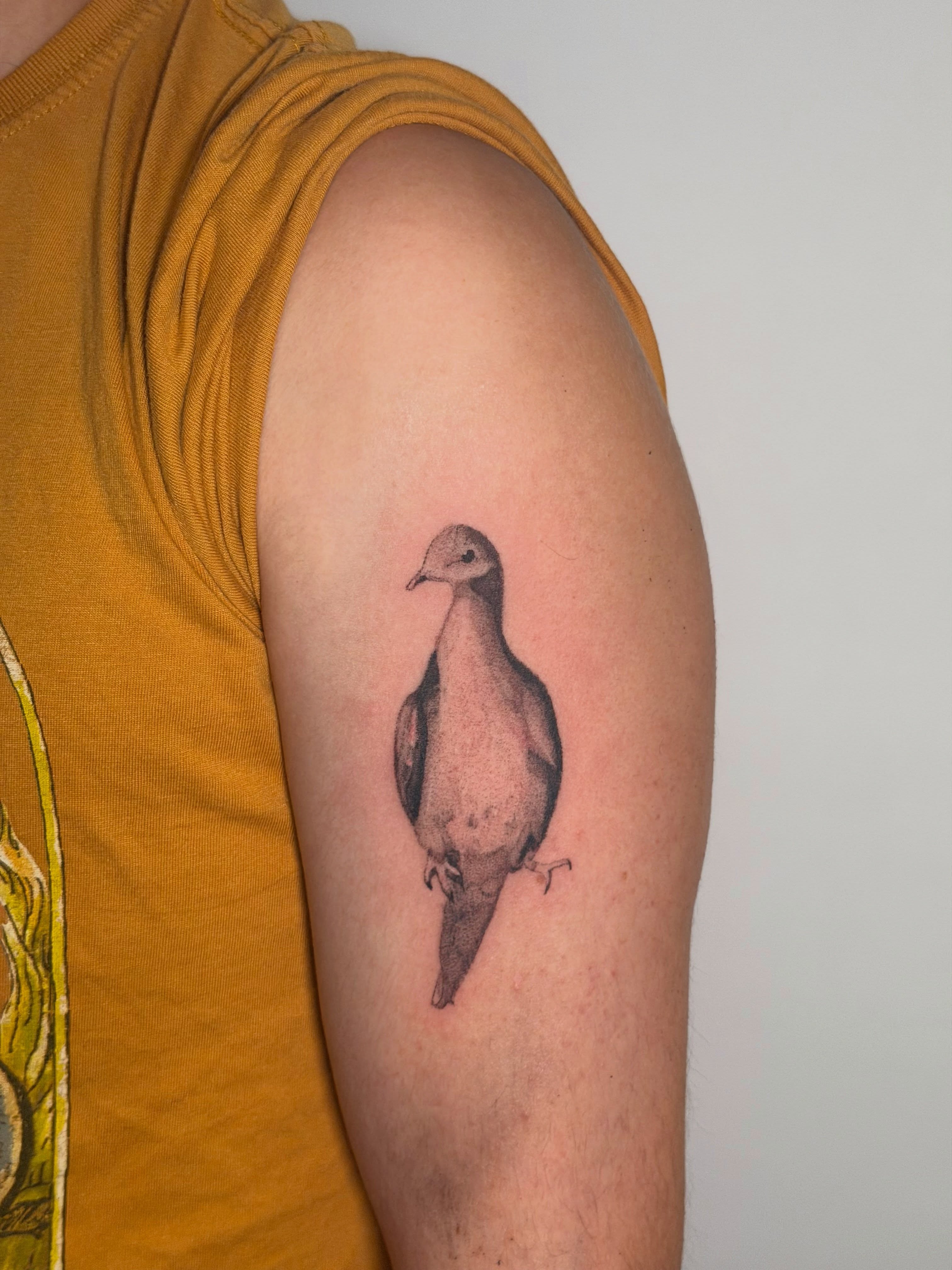 Bird dotwork tattoo on the upper arm by Alaska