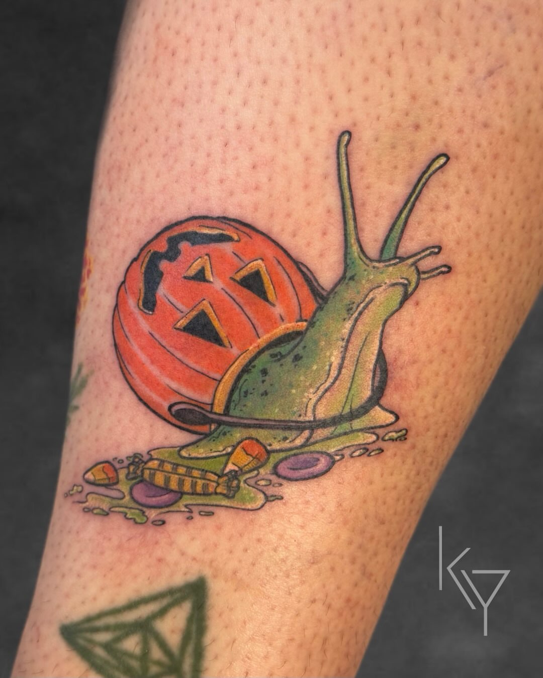 Snail and pumpkin American traditional tattoo on the forearm by ..✨ K I R S T y y O R K ✨..