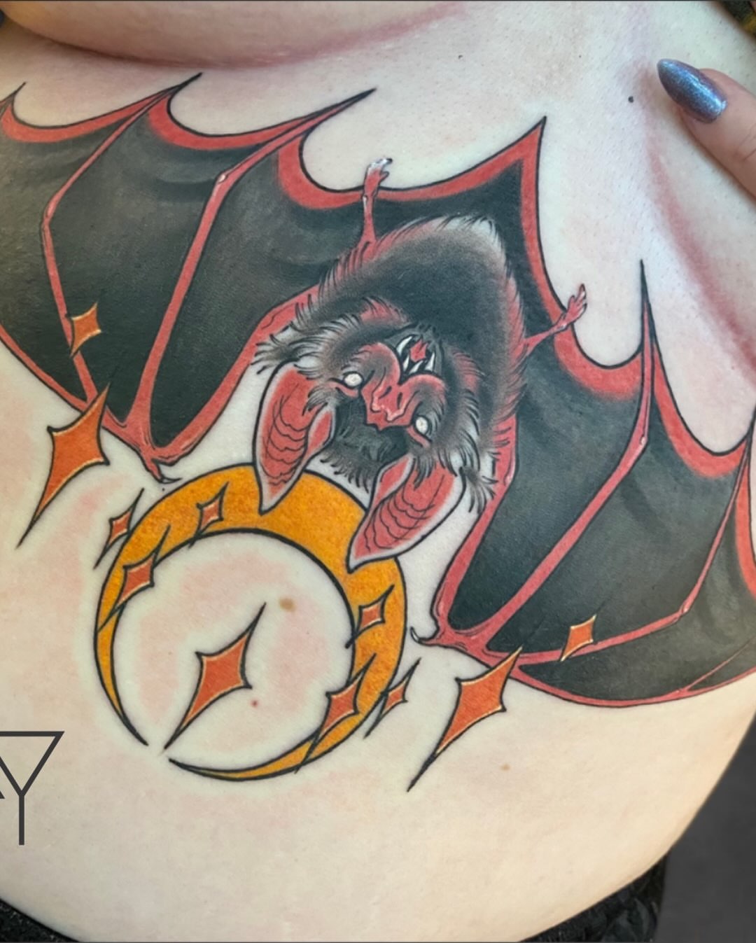 Bat American traditional tattoo on the chest by ..✨ K I R S T y y O R K ✨..