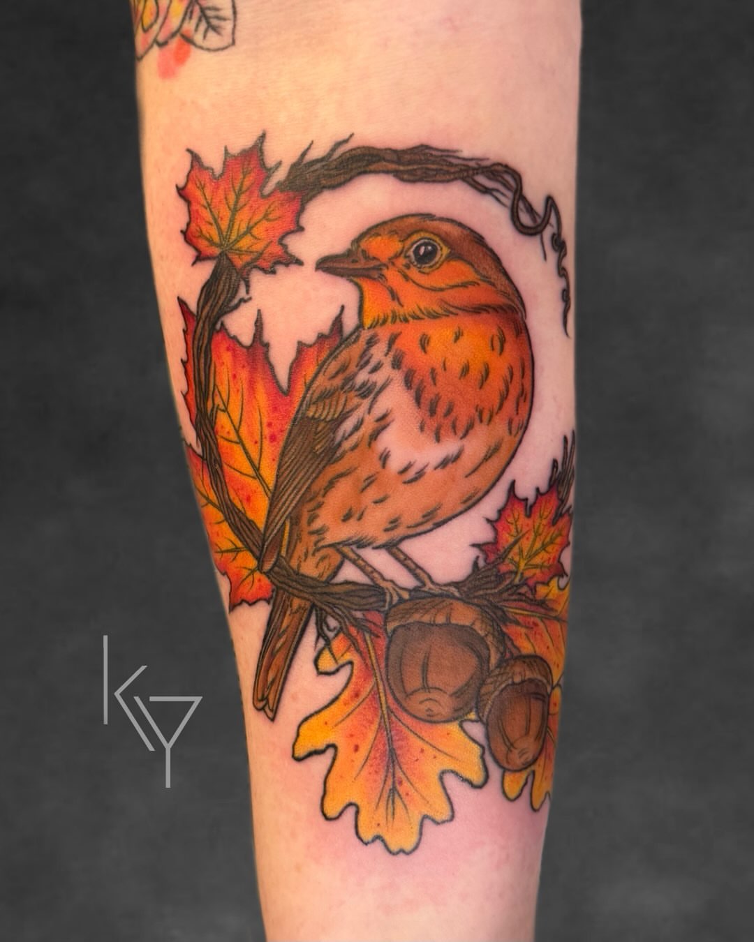Bird and autumn leaves American traditional tattoo on the forearm by ..✨ K I R S T y y O R K ✨..