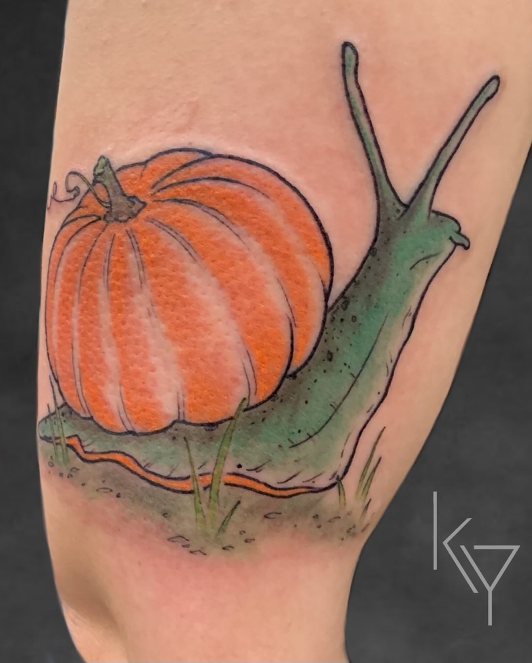 Snail with pumpkin shell dotwork tattoo on the forearm by ..✨ K I R S T y y O R K ✨..
