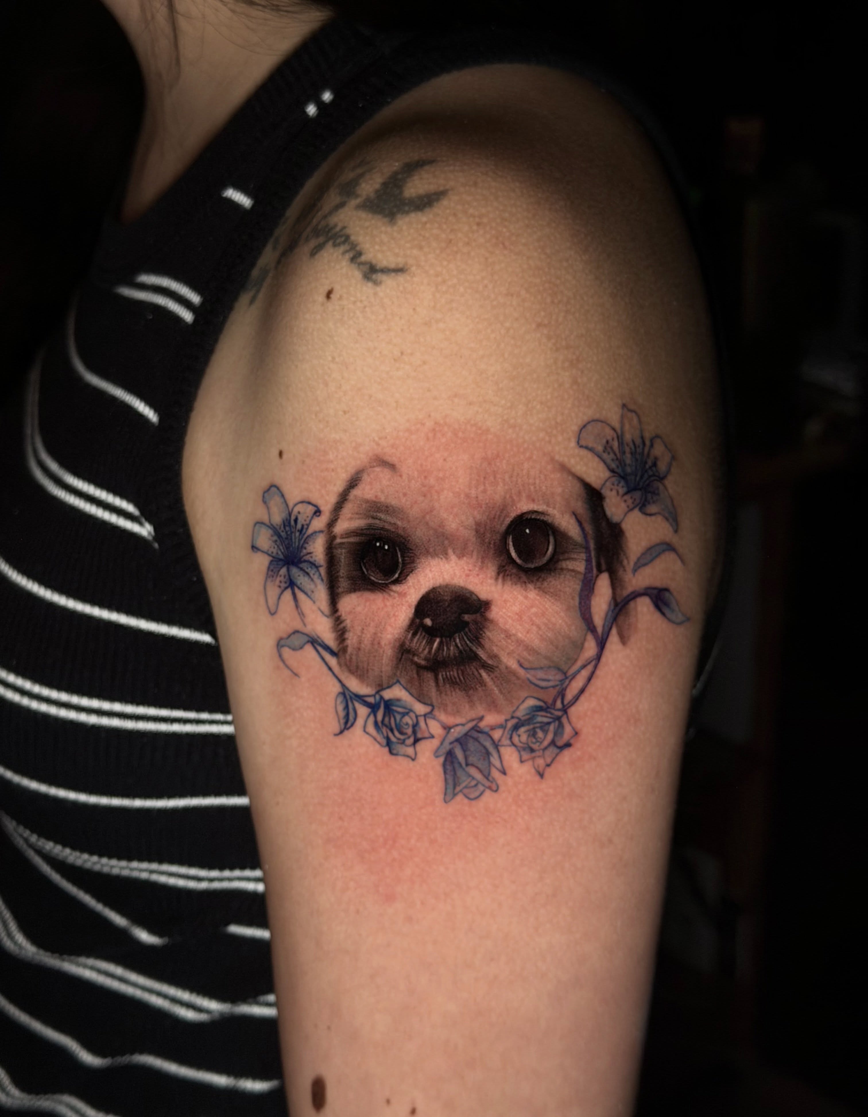 Dog with flowers realism tattoo on the upper arm by Giovanni Rodriguez, Eastpointe, Michigan