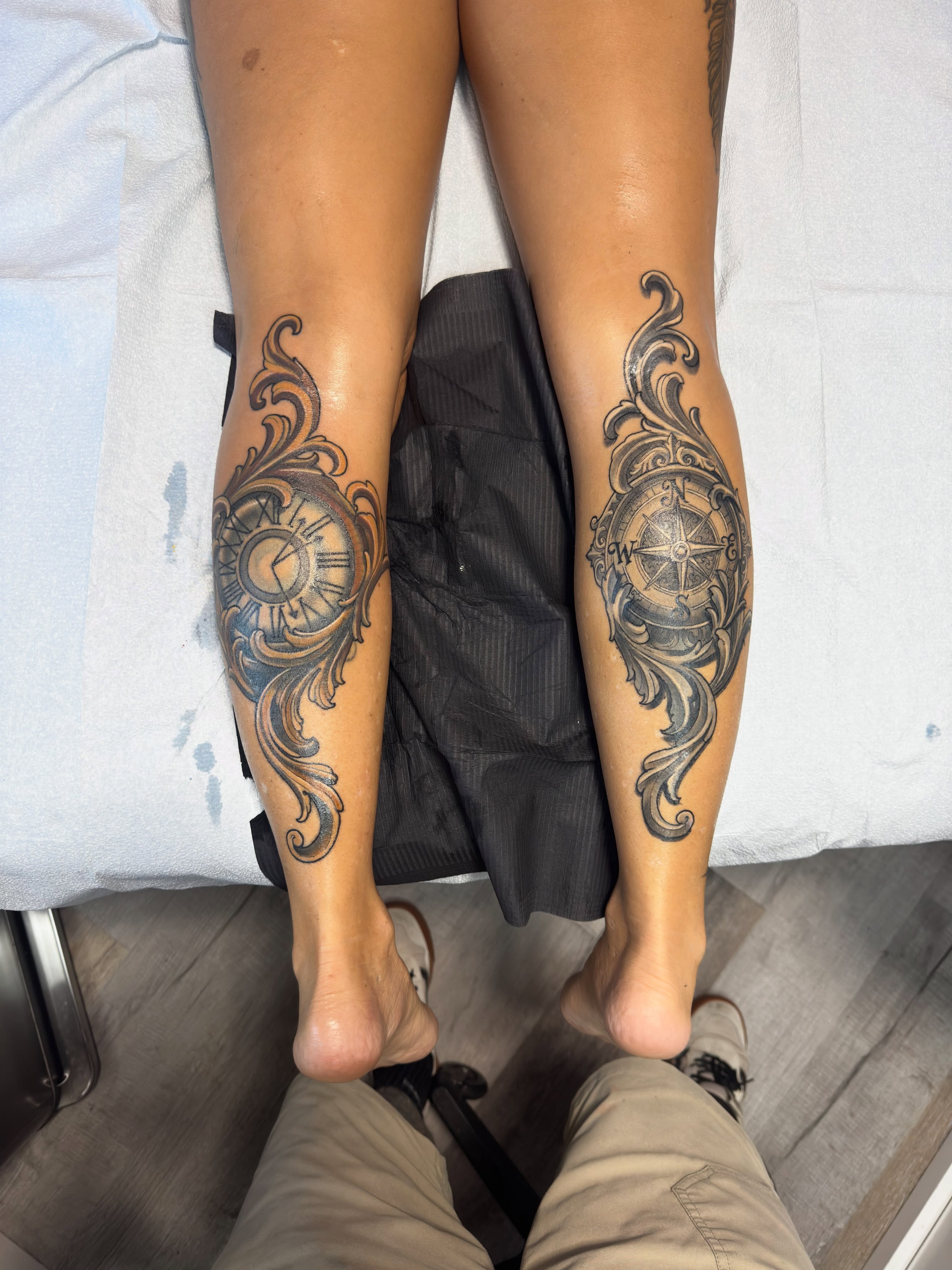 Compass and ornamental swirls ornamental tattoo on the calf by jonhighland