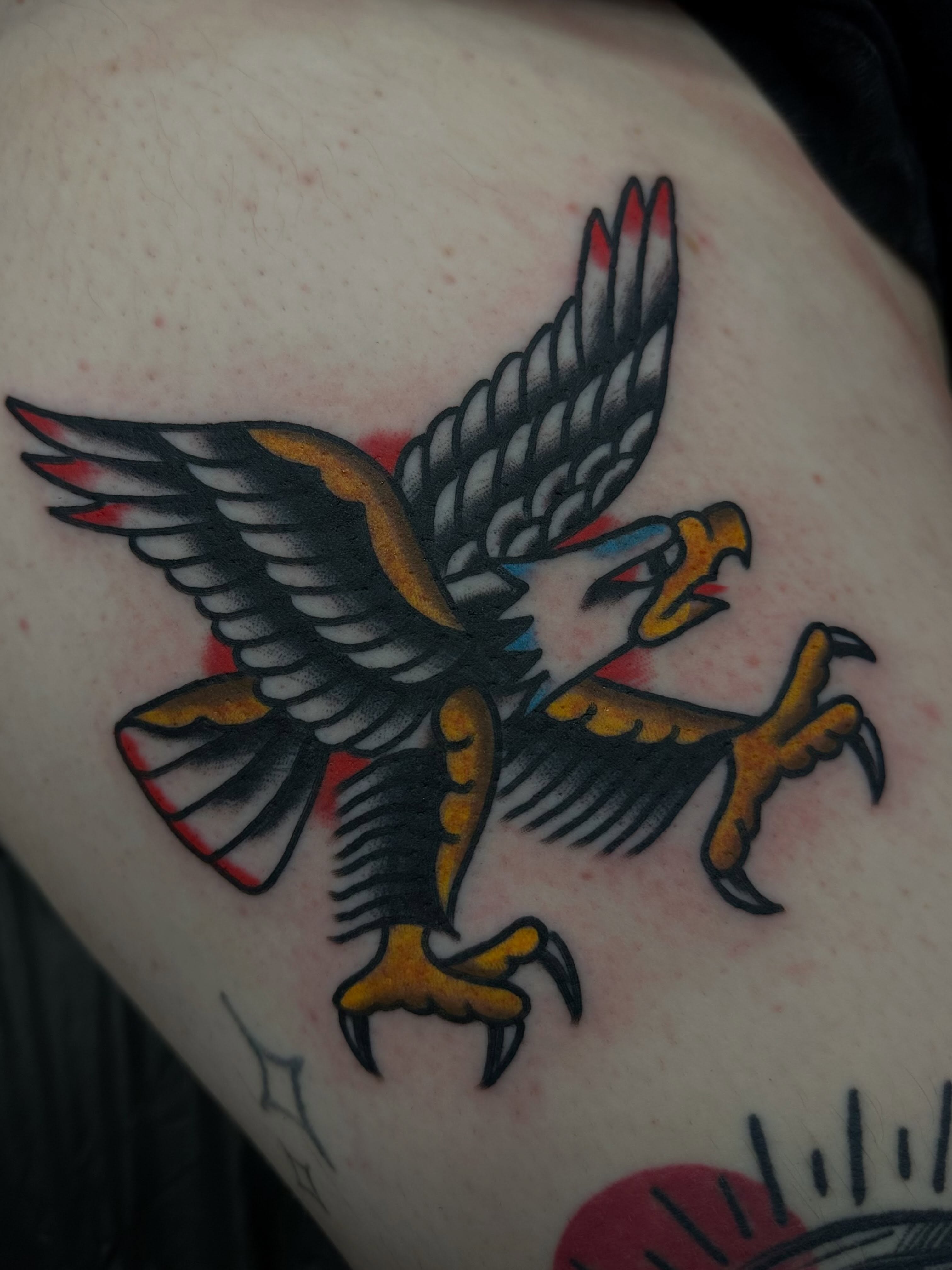 Eagle American traditional tattoo on the thigh by Alva - DFW Tattoo Artist