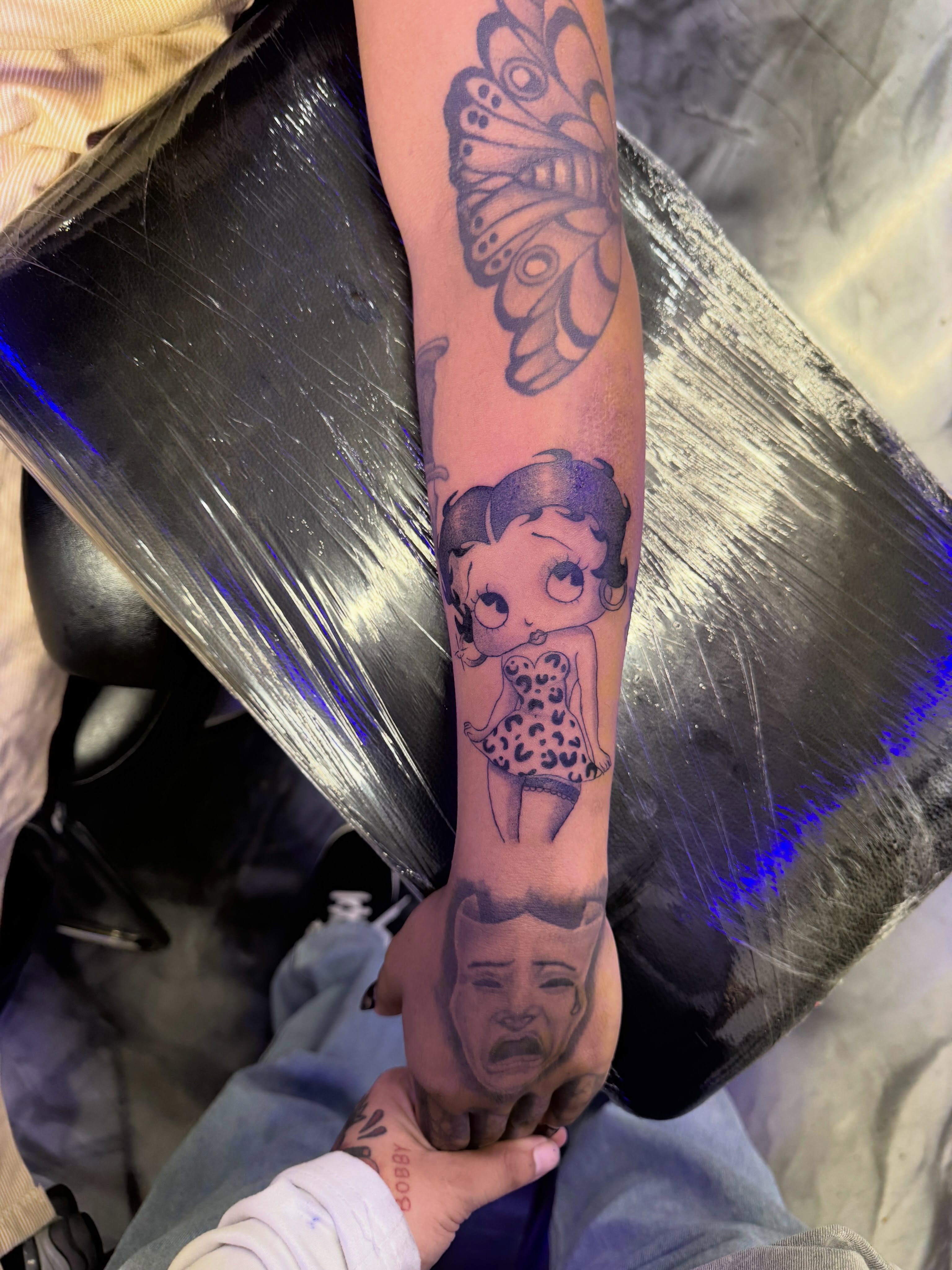Betty Boop black and grey tattoo on the forearm by Stephy, Minneapolis, Minnesota