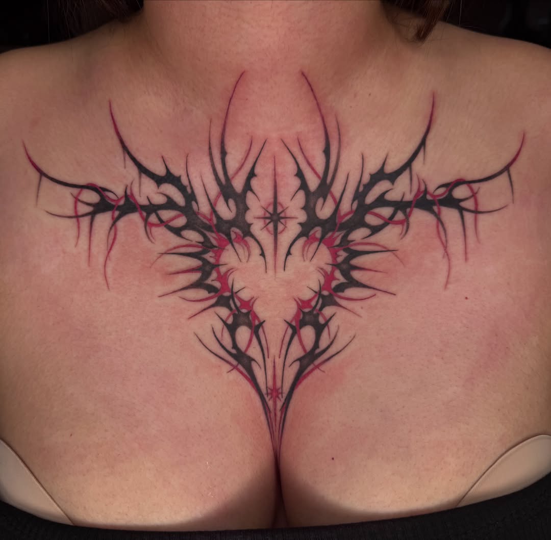 Spiky floral tribal tattoo on the chest by Chloe Peters 🦭🦄🏳️‍🌈