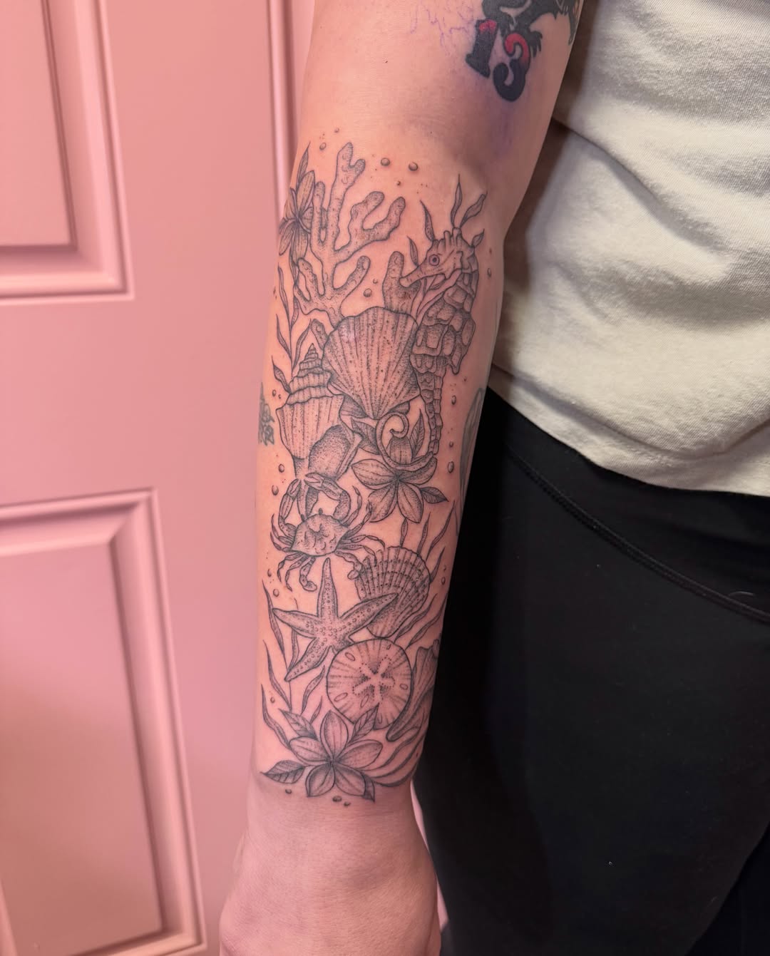 Underwater scene black and grey tattoo on the forearm by Jennylee Aerts, Asbury Park, New Jersey