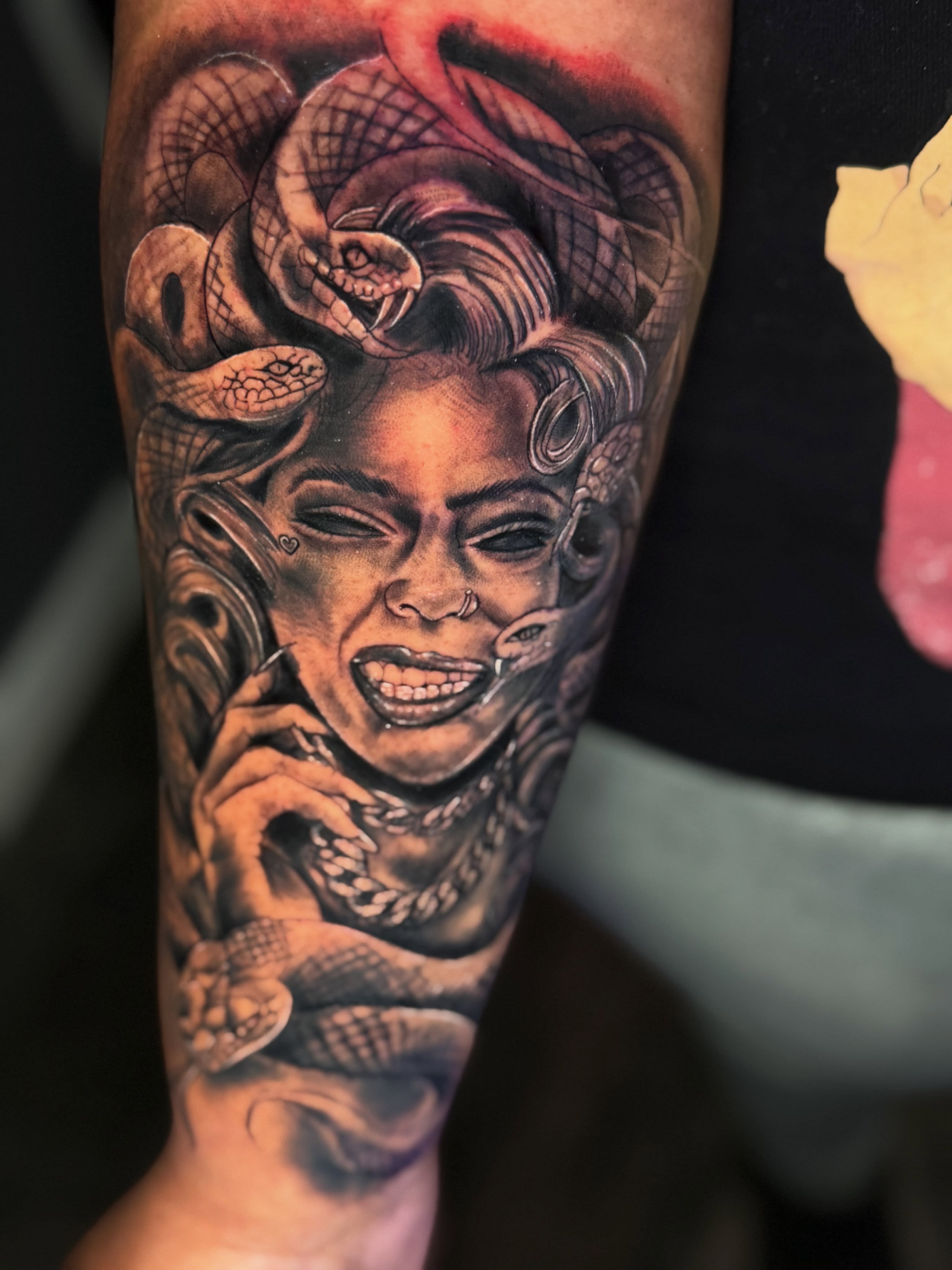 Medusa realism tattoo on the forearm by Dany