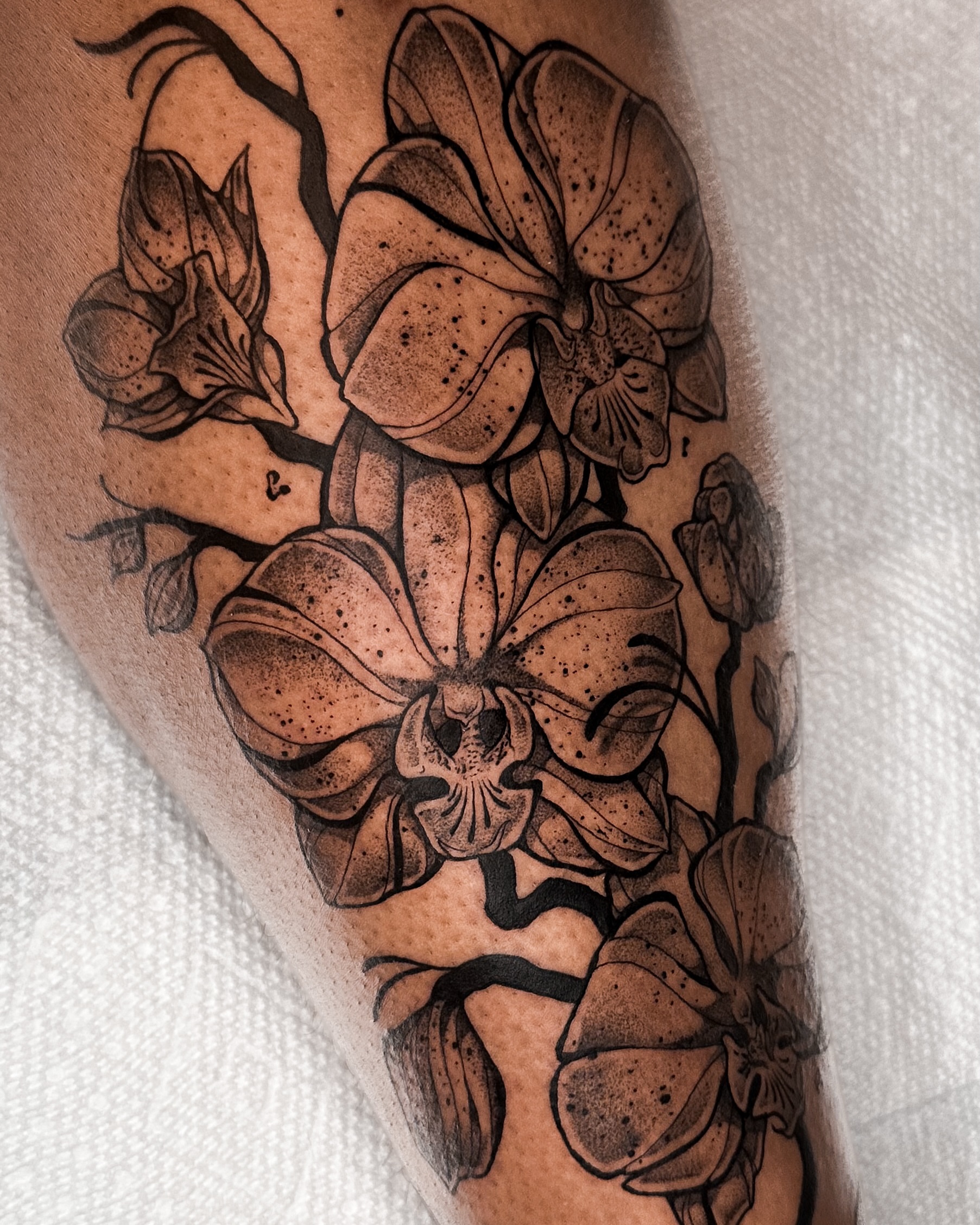 Orchids dotwork tattoo on the forearm by Taylin Johnson- Illustrative Blackwork, Columbus, Ohio
