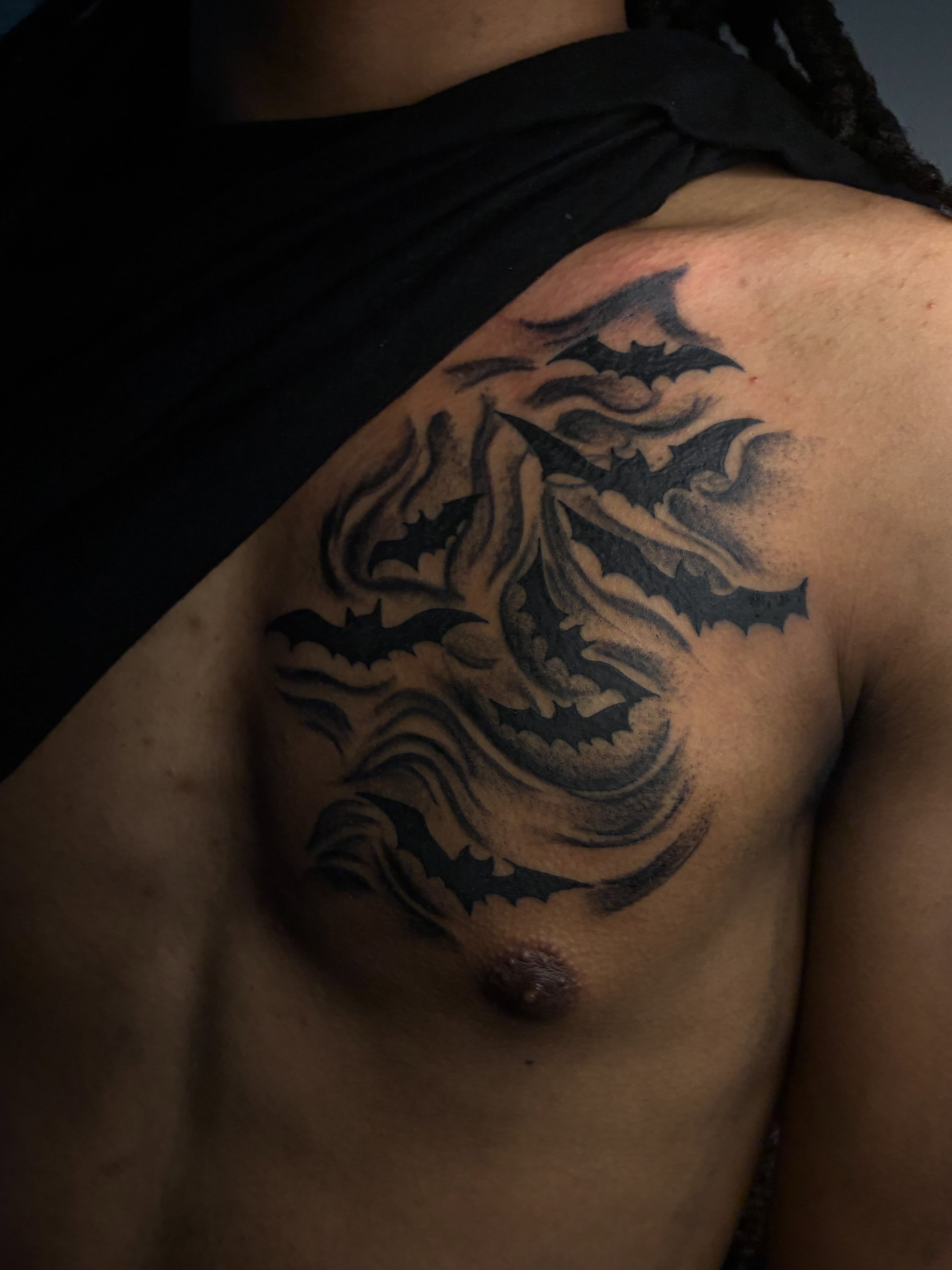 Bat black and grey tattoo on the shoulder by ɪɪɴᴋᴇᴅʙʏʀᴇɴɴ🐉