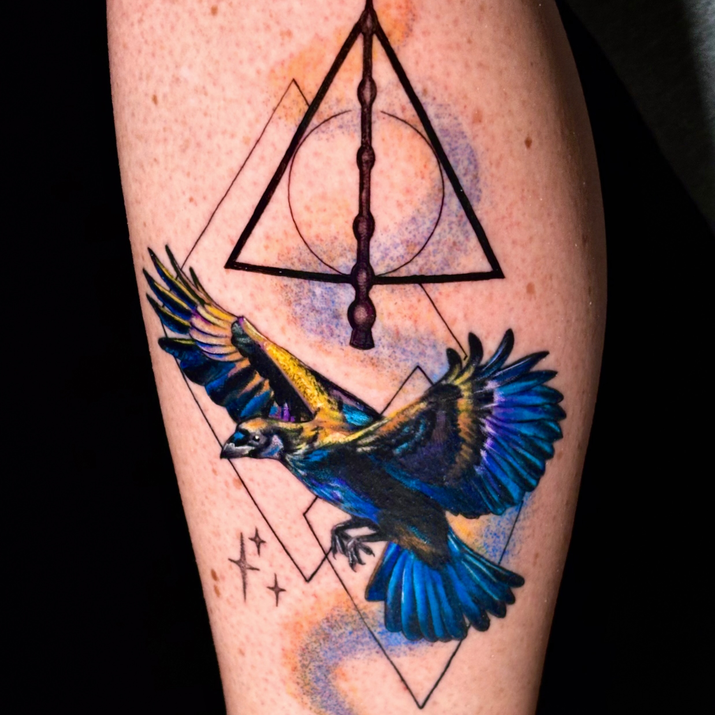 Bird geometric tattoo on the forearm by Sarah Sacco