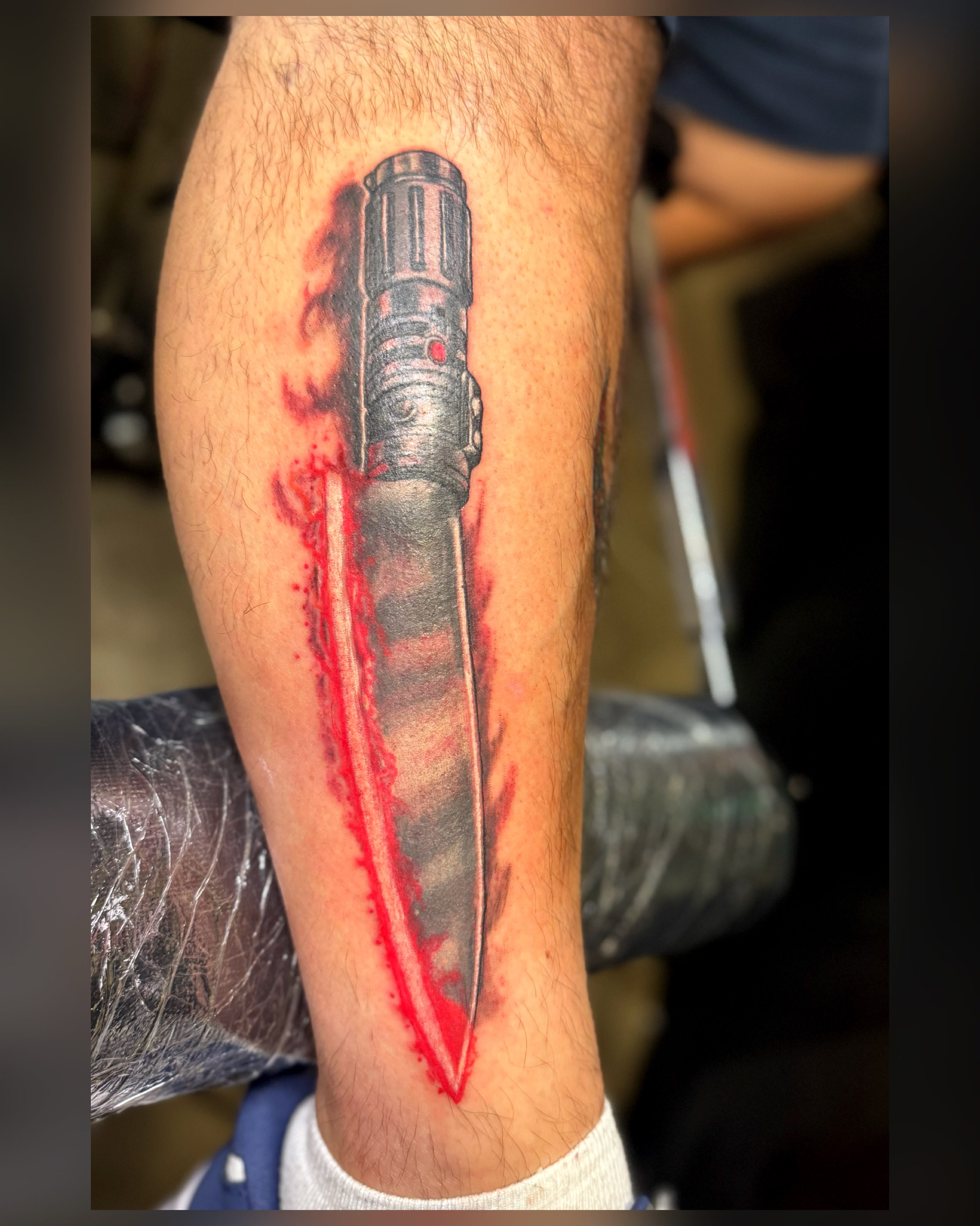Knife realism tattoo on the forearm by Chris Adkins Tattoos, Chattanooga, Tennessee