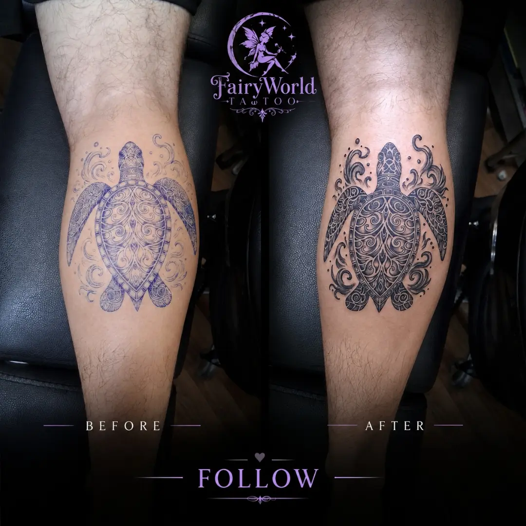 Sea turtle geometric tattoo on the calf by Tanya Tattoota