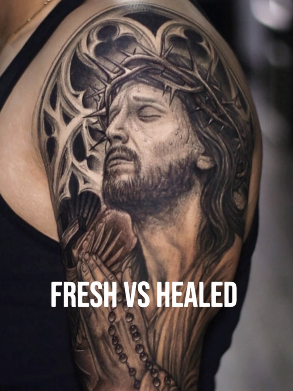 Religious figure realism tattoo on the shoulder by 𝐒𝐡𝐞𝐫𝐥𝐥𝐲