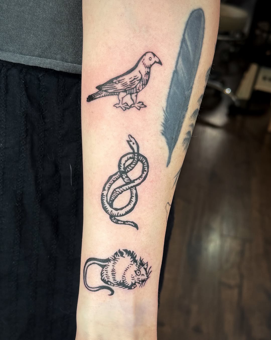 Bird, snake, mouse black and grey tattoo on the forearm by Luna Enriquez⚡️, Portland, Oregon