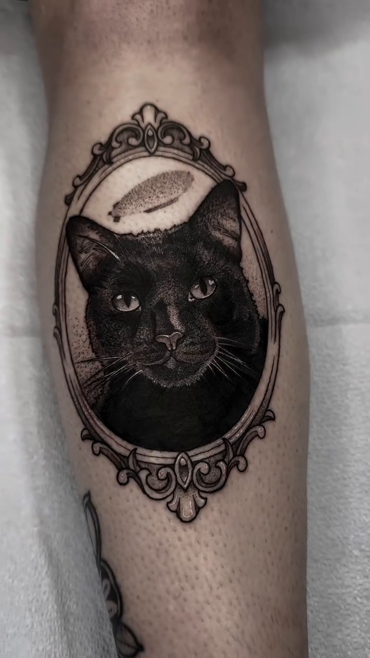 Black cat in a frame realism tattoo by Dane Bezeau