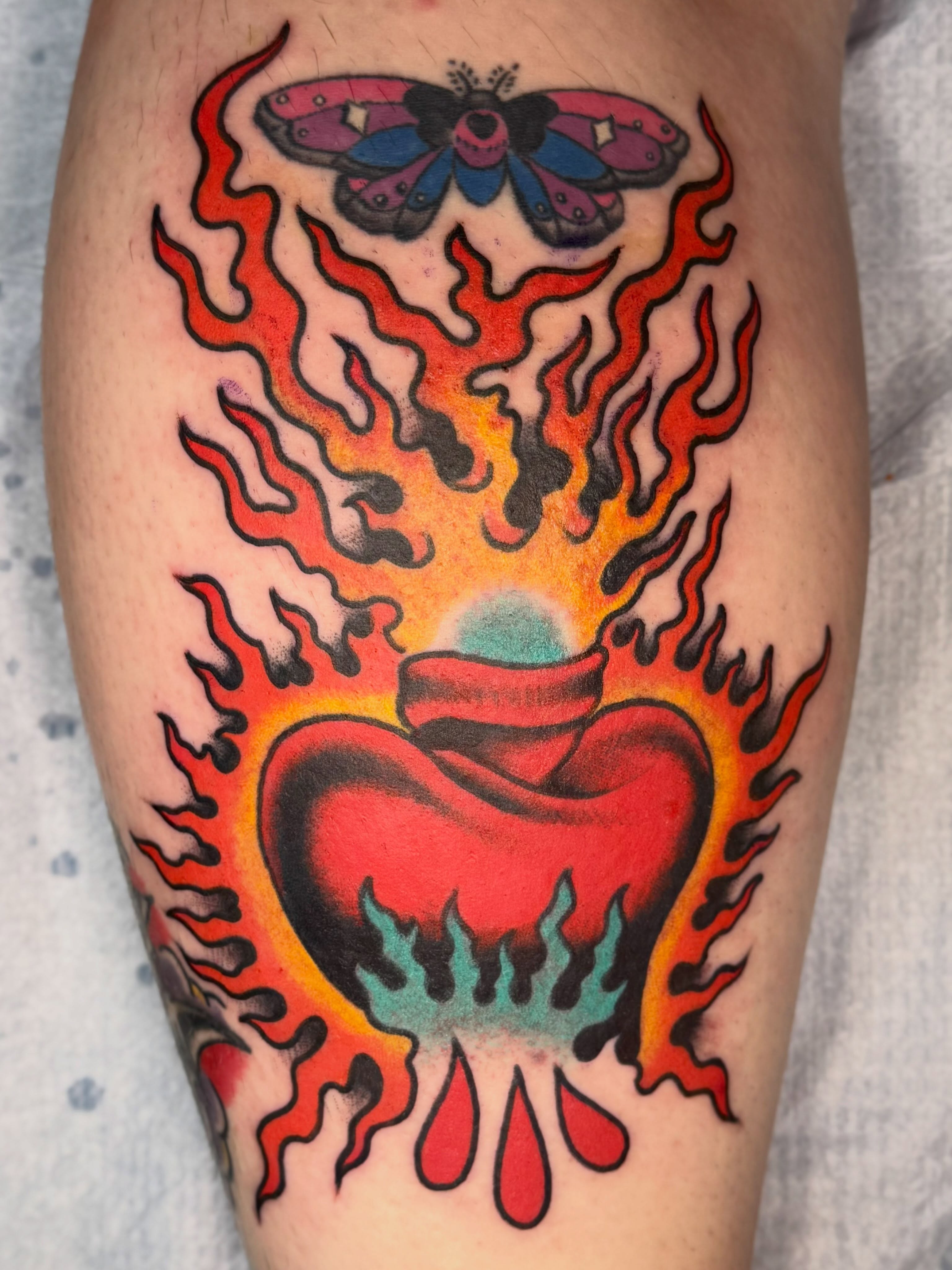 Burning heart American traditional tattoo on the forearm by KevinBetsch