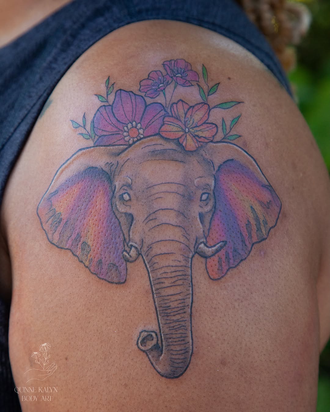 Elephant with floral crown dotwork tattoo on the shoulder by Nashville Piercer & Tattoo Artist ✨ Quinne