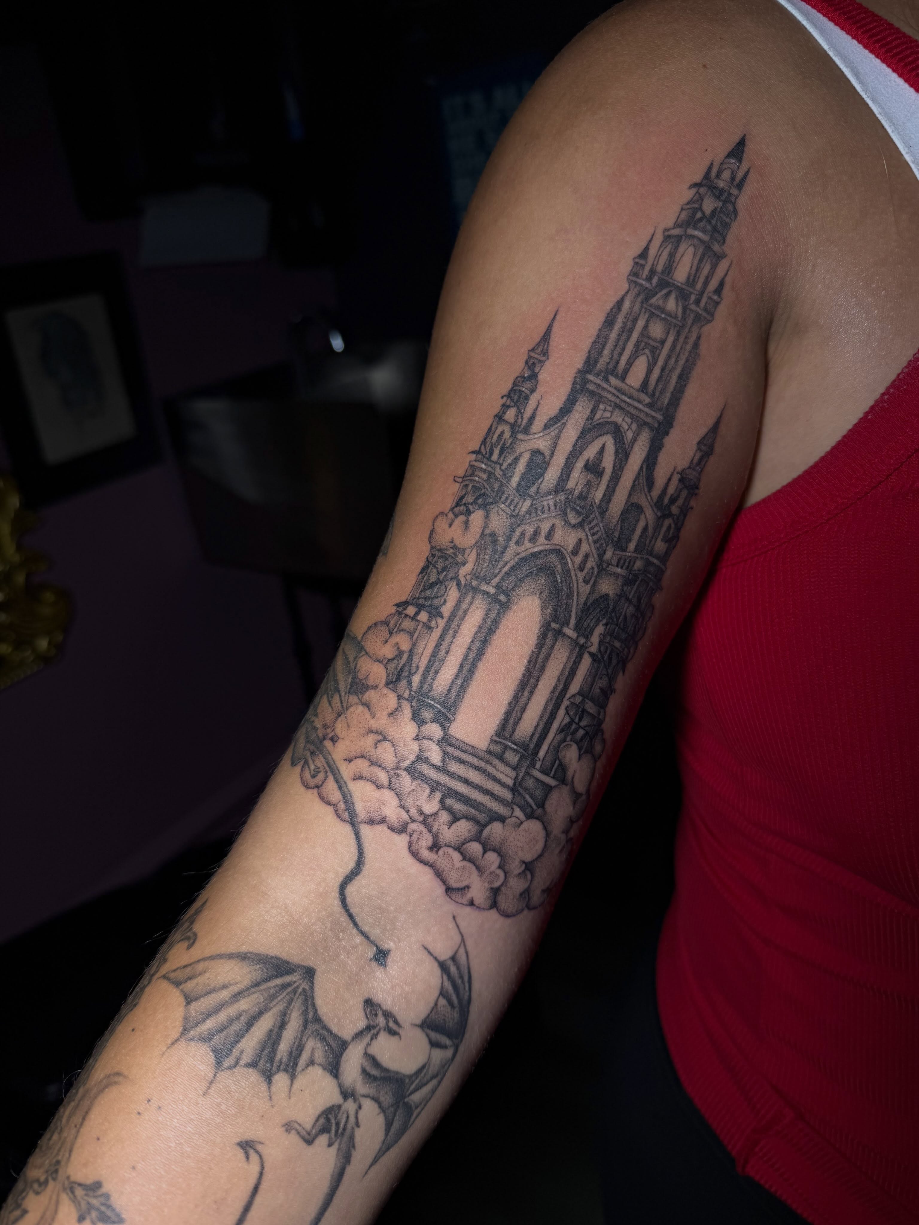 Castle in clouds realism tattoo on the forearm by amelia morse ⋆。°✩ mi tattoo artist